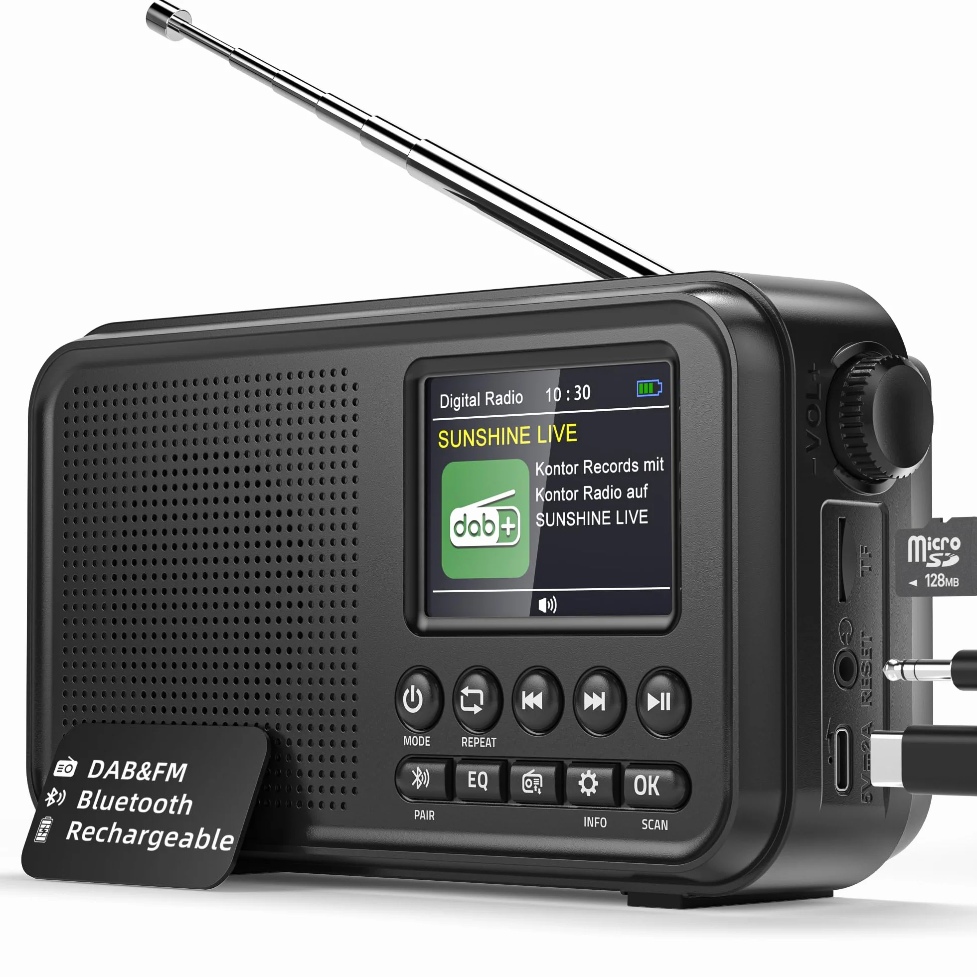 Mesqool Radio Numérique DAB/FM Bluetooth, Batterie 3000mAh, Type-C, 40 Stations FM et DAB Préréglées, Double Alarme