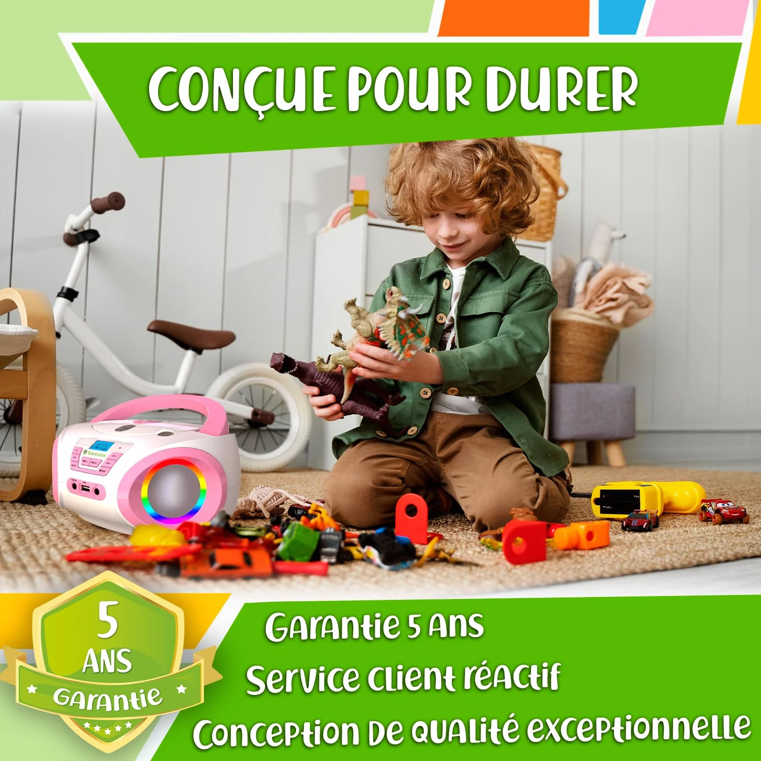 Lecteur CD Enfant Radio FM Piles incluses Haut-parleurs Rose