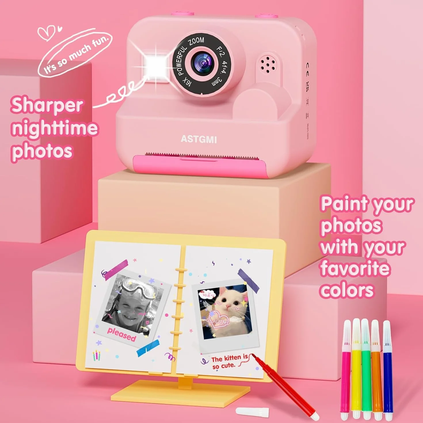 ASTGMI Appareil Photo Instantané Enfant 2.4" Écran avec Papier d'impression et Carte 32GB, Mode Selfie et Video, Cadeau Jouet pour Garçons Filles 3-14 Ans Rose