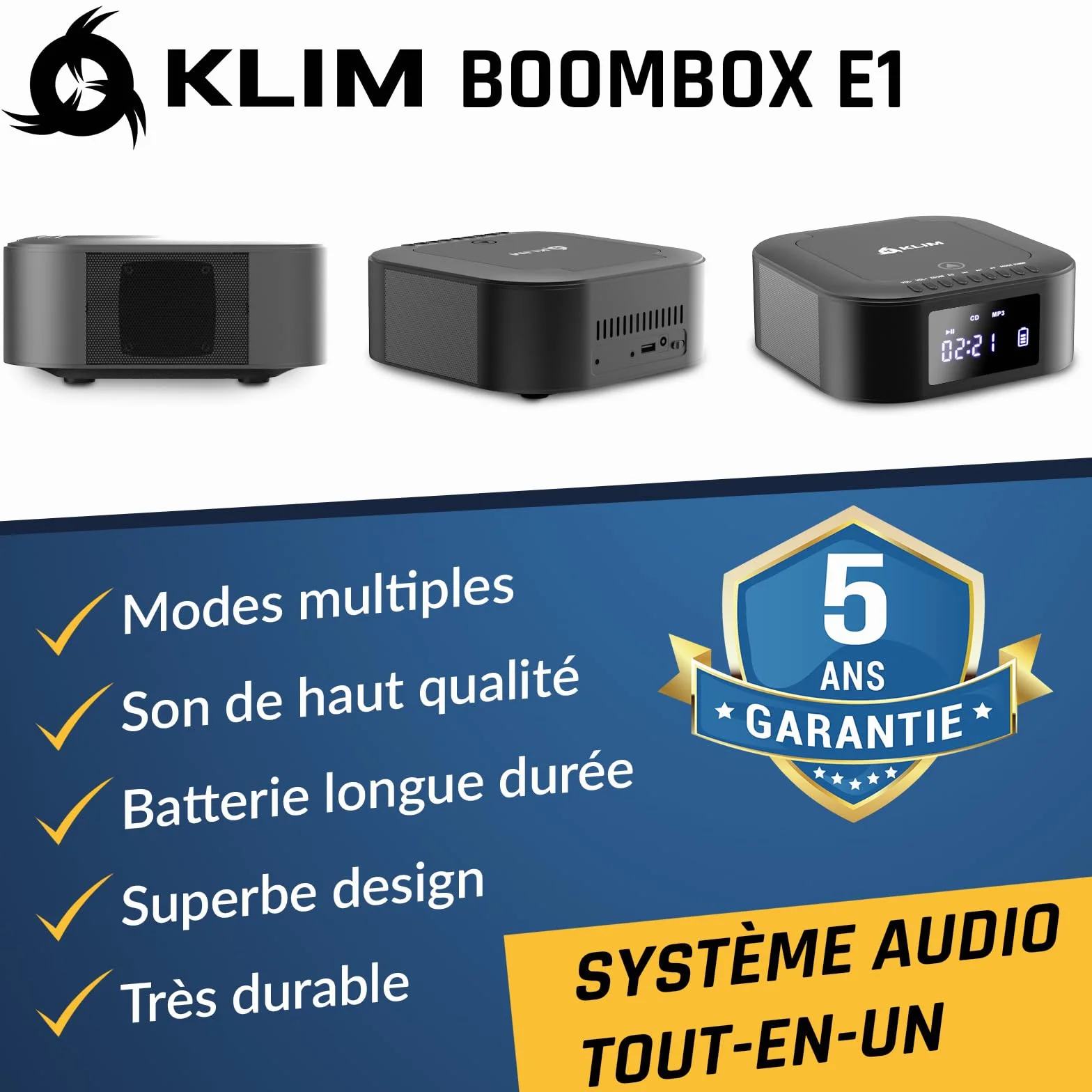 KLIM Boombox E1 Radio CD Portable Extra Bass Subwoofer FM Bluetooth USB MP3 avec Piles Rechargeables Télécommande