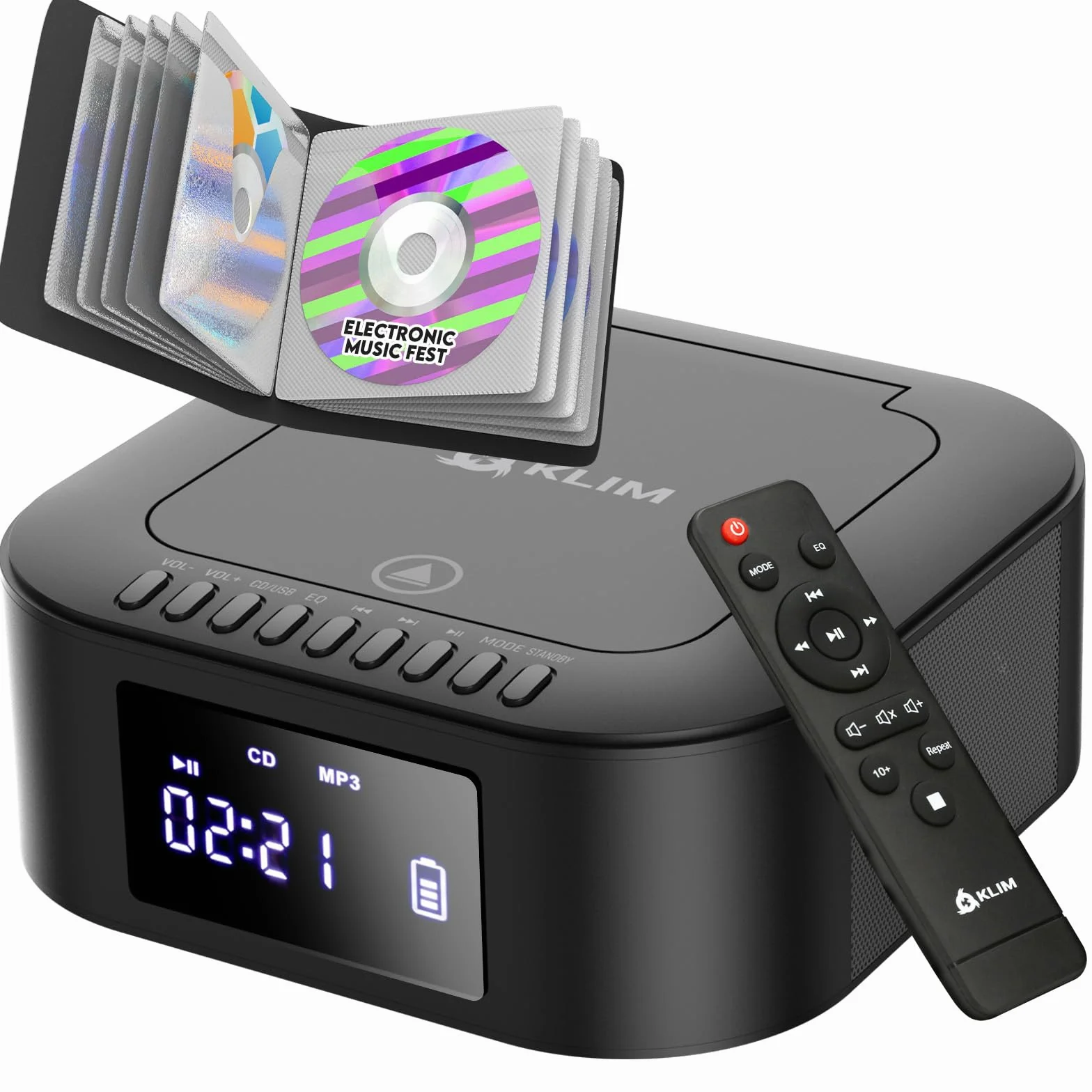 KLIM Boombox E1 Radio CD Portable Extra Bass Subwoofer FM Bluetooth USB MP3 avec Piles Rechargeables Télécommande