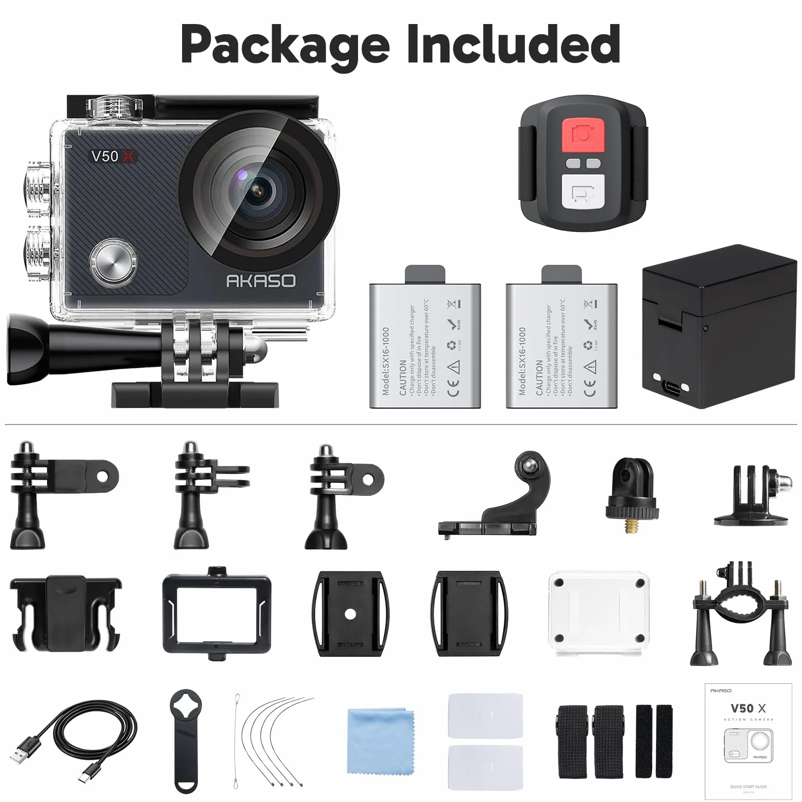 AKASO V50X Caméra Sport 4K Etanche WiFi Action Cam Ultra HD 30fps 131 Pieds sous Marine 2 Batteries Kit Accessoires