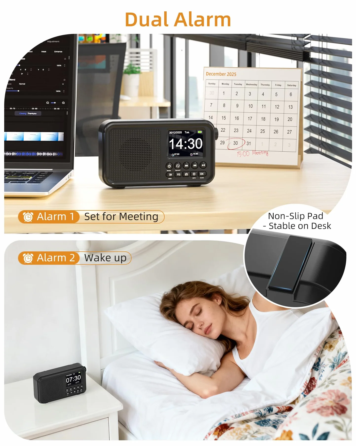 Mesqool Radio Numérique DAB/FM Bluetooth, Batterie 3000mAh, Type-C, 40 Stations FM et DAB Préréglées, Double Alarme