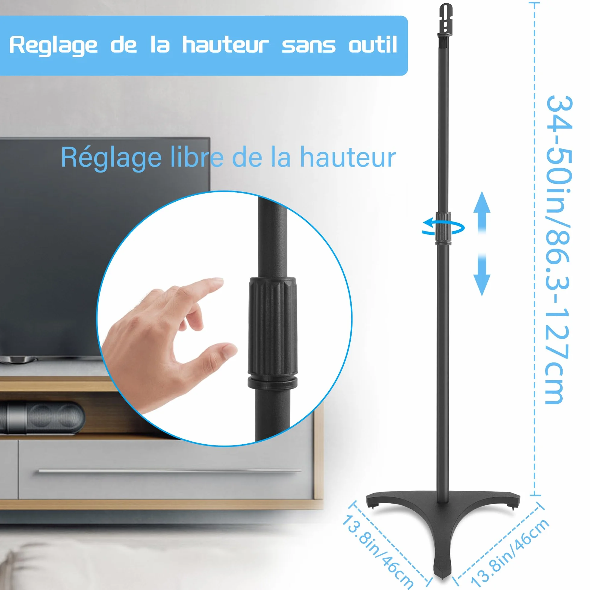 OUUTMEE Supports d'Enceinte Réglable en Hauteur, Pieds d'Enceintes Universel avec Base Triangulaire et Gestion des Câbles