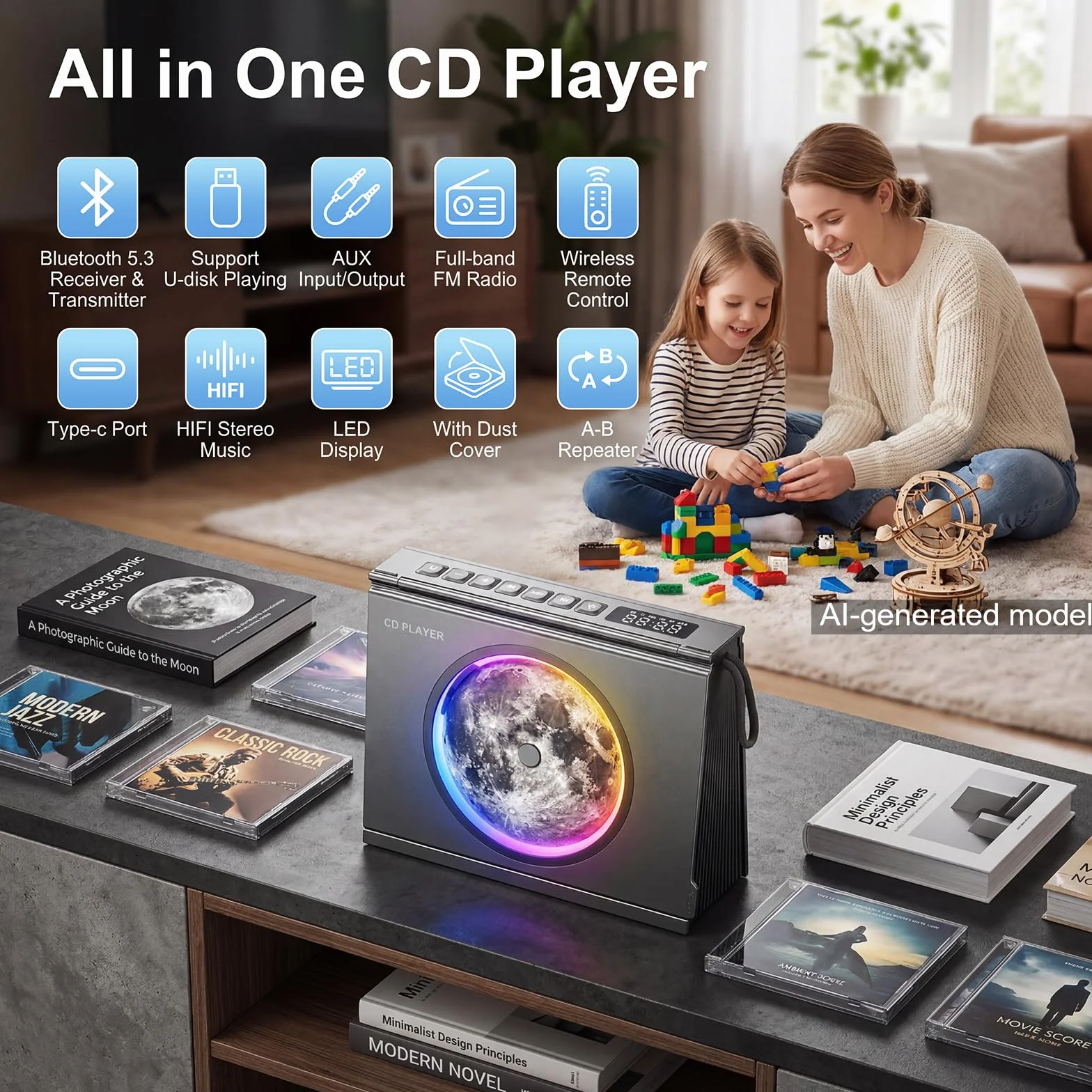Lecteur CD Portable Bluetooth 5.3 Enceinte HiFi Batterie 4000mAh Rechargeable Design Bibliothèque
