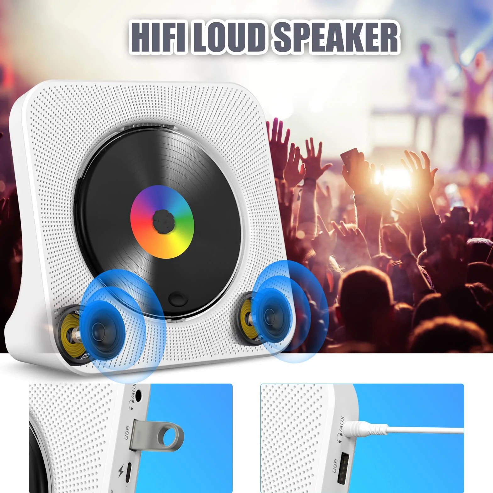 Lecteur CD de Bureau avec Bluetooth Gueray Haut-parleurs HiFi Intégrés Écran LED Radio FM USB Type-c MP3 Blanc