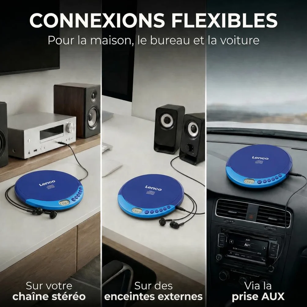 Lenco CD-011 Lecteur CD portable avec recharge batterie - Diskman CD Walkman - Écran LCD Bleu