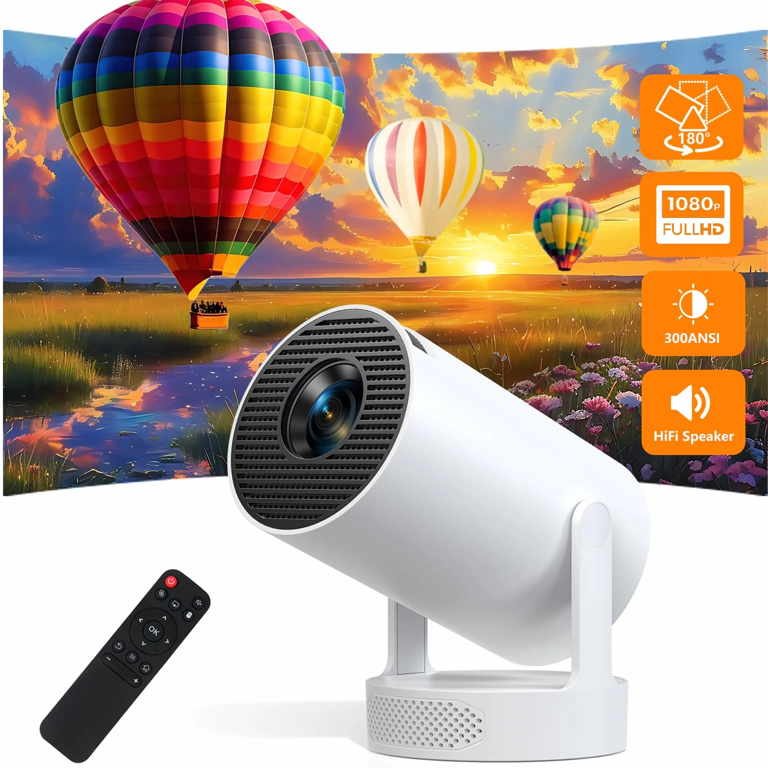 Mini Projecteur 4K 1080P Android 11 WiFi 6 Bluetooth 5.0 300 Lumens ANSI Keystone Vertical Auto Haut-Parleur HiFi Blanc