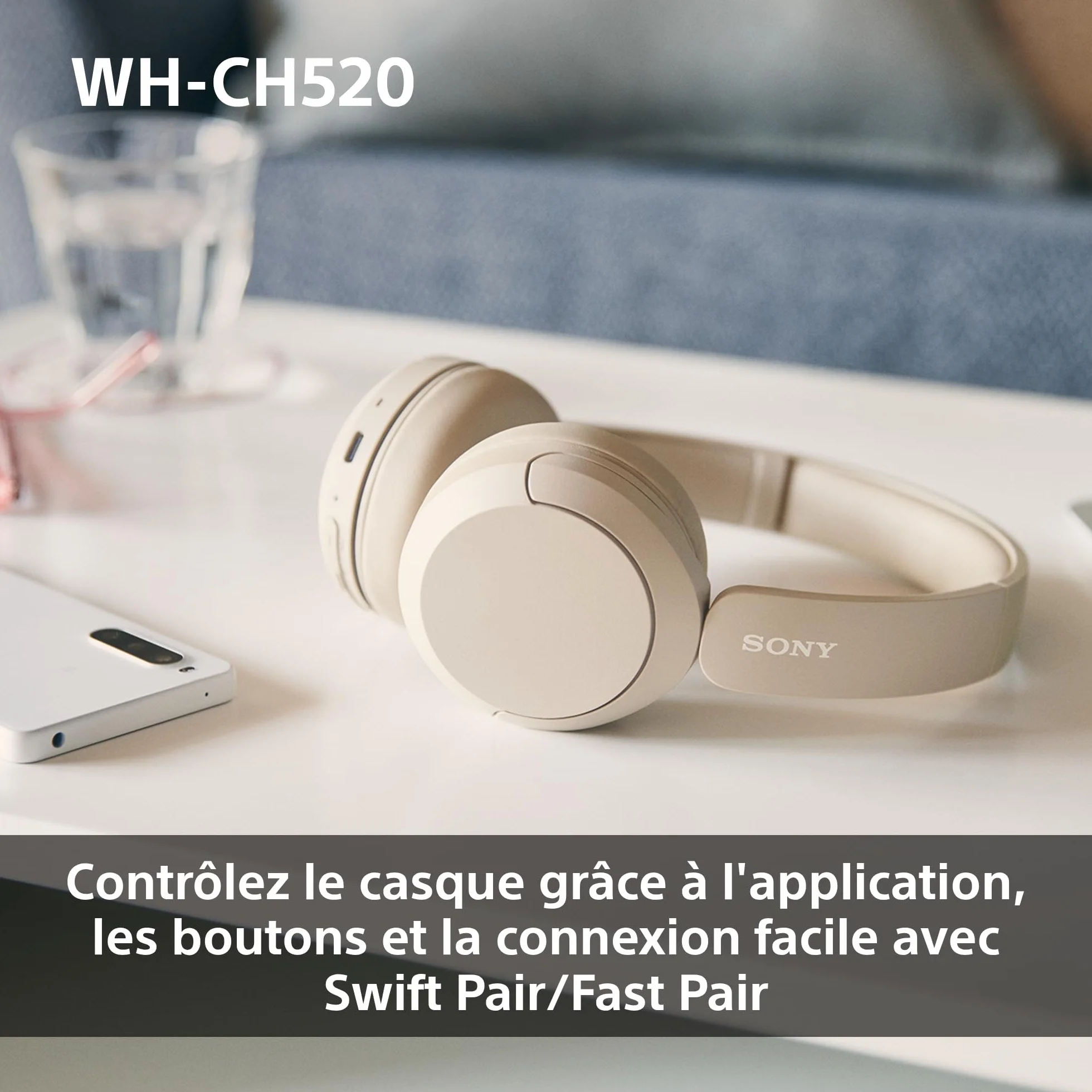 Casque Bluetooth sans Fil Sony WH-CH520, Multipoint, Micro intégré, 50 Heures Autonomie, Charge Rapide, Noir