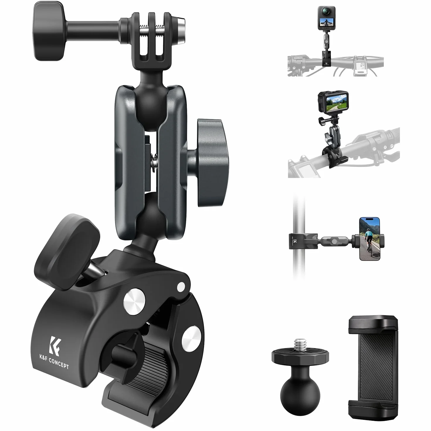 K&F CONCEPT Support Super Pinces pour Caméra Double Tête à Sphère 360° Compatible GoPro Hero 13/12 Insta360 X5/X4 Osmo Action 5 Pocket 3