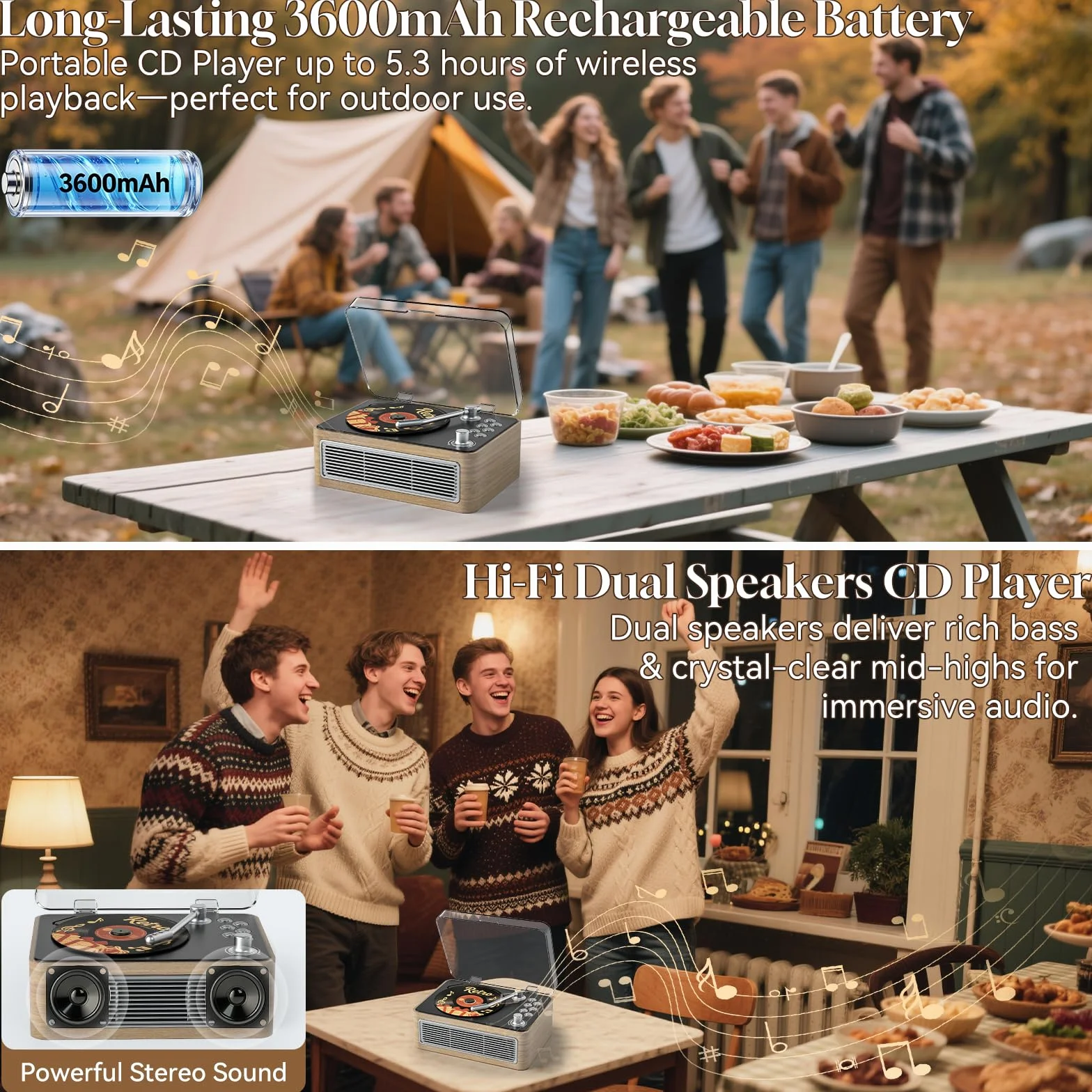 Lecteur CD Portable Bluetooth Rétro avec Batterie 3600 mAh Radio Télécommande Chêne