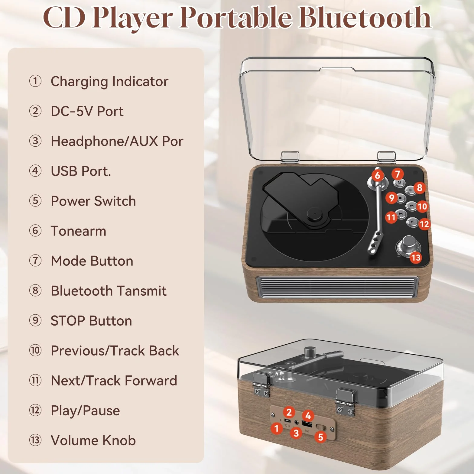 Lecteur CD Portable Bluetooth Rétro avec Batterie 3600 mAh Radio Télécommande Chêne