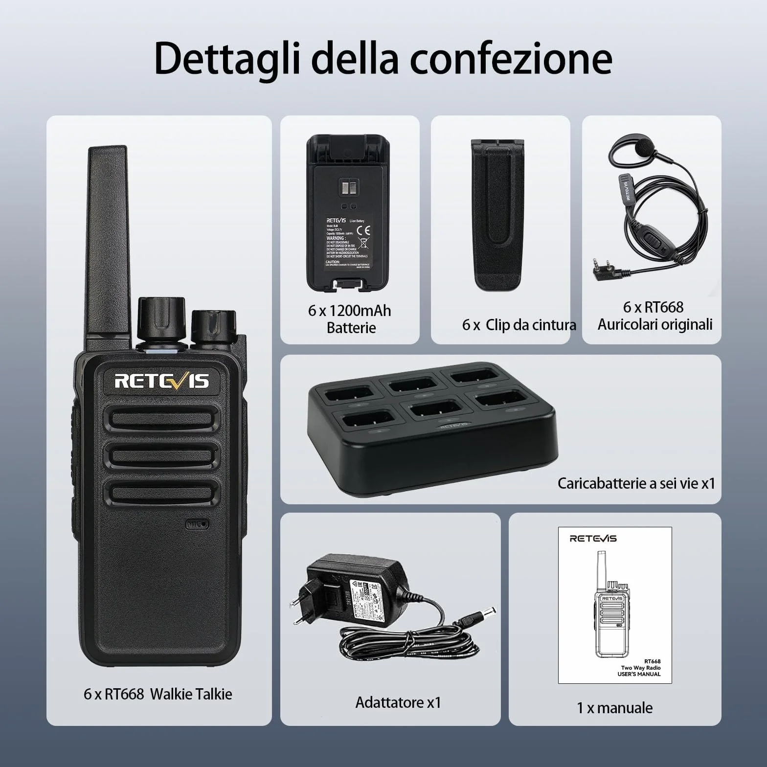 Retevis RT668 Talkie Walkie 1200 mAh VOX 6 Pièces Noir