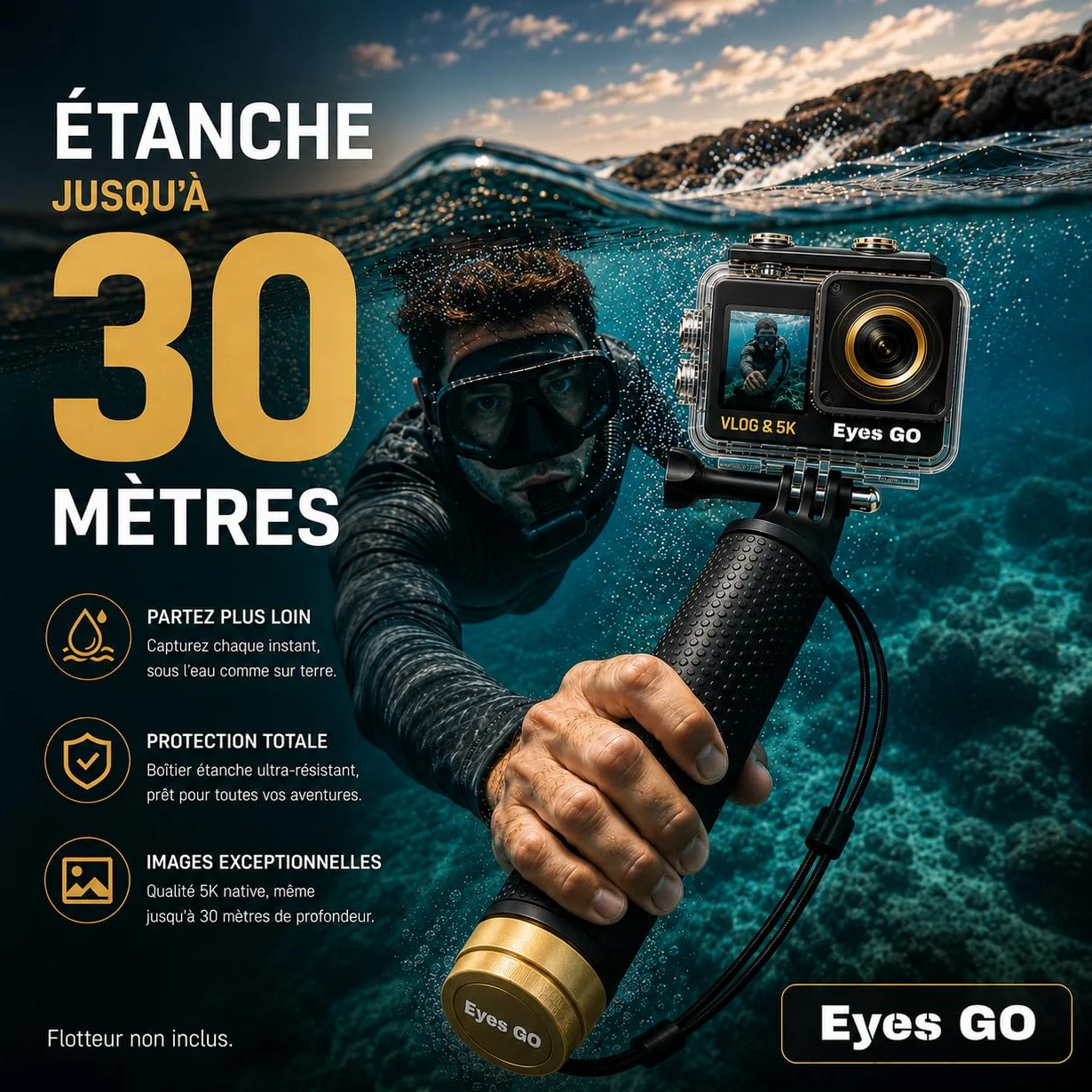 Caméra Sport 5K30fps 4K60fps 120fps 50MP 2 Écrans Tactile Vlog Télécommande Micro 360° Stabilisateur E.I.S 2.0 Étanche 30M Carte SDXC 64Go 2x1350mAh