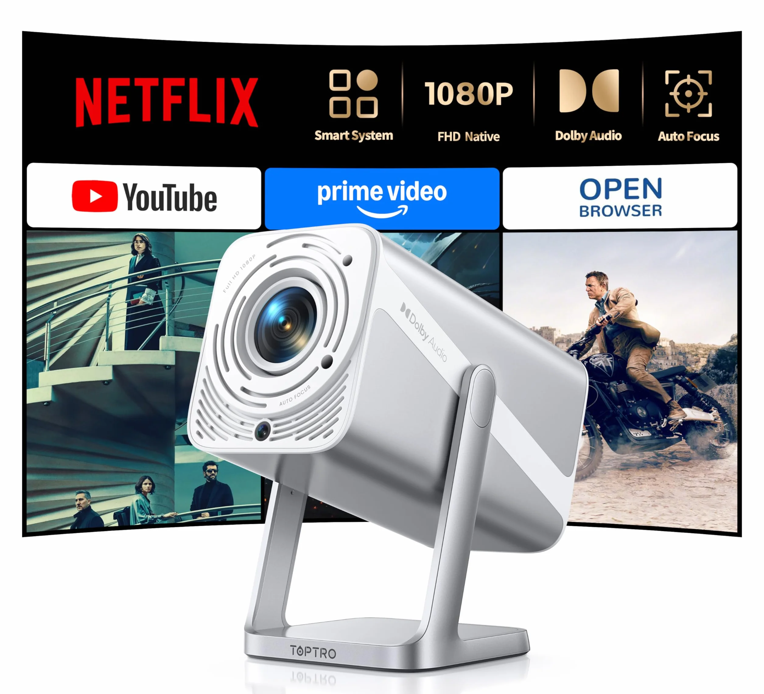 Vidéoprojecteur 4K 800 ANSI Courte Focale Bluetooth FHD 1080P WiFi6 Rotatif 360° Zoom 50% Mini Projecteur Home Cinéma