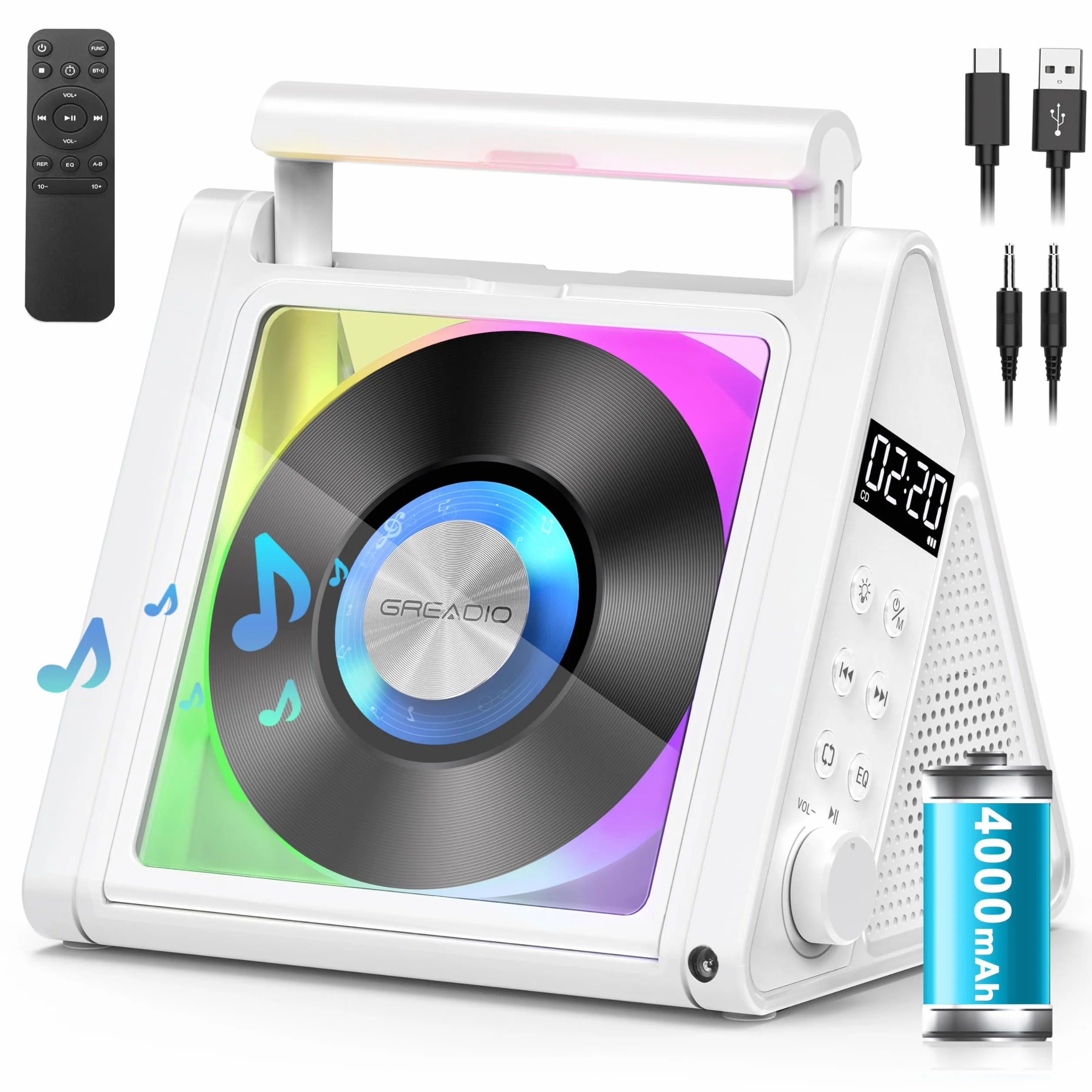 Greadio Lecteur CD portable Bluetooth 5.3 10 W HiFi radio FM USB AUX télécommande RVB 4000 mAh