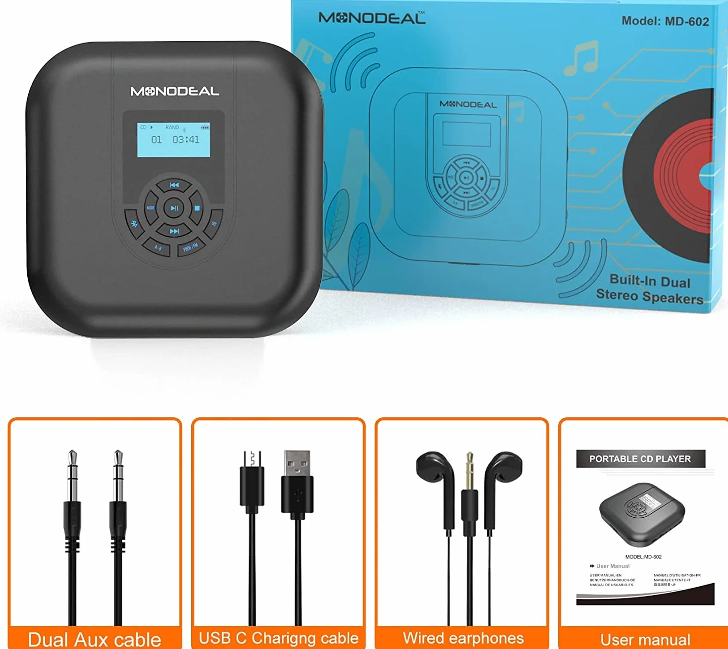 MONODEAL lecteur portable Bluetooth rechargeable avec haut-parleur et émetteur FM CD voiture