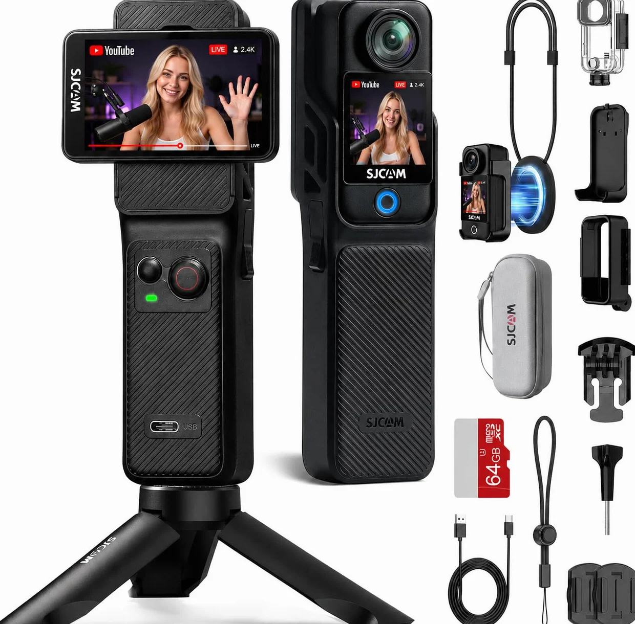 SJCAM C400 Bundle Vlog 64G Caméra d'Action 4K Écran Tactile Rotatif 2.29" Imperméable Stabilisation 6 Axes Noir