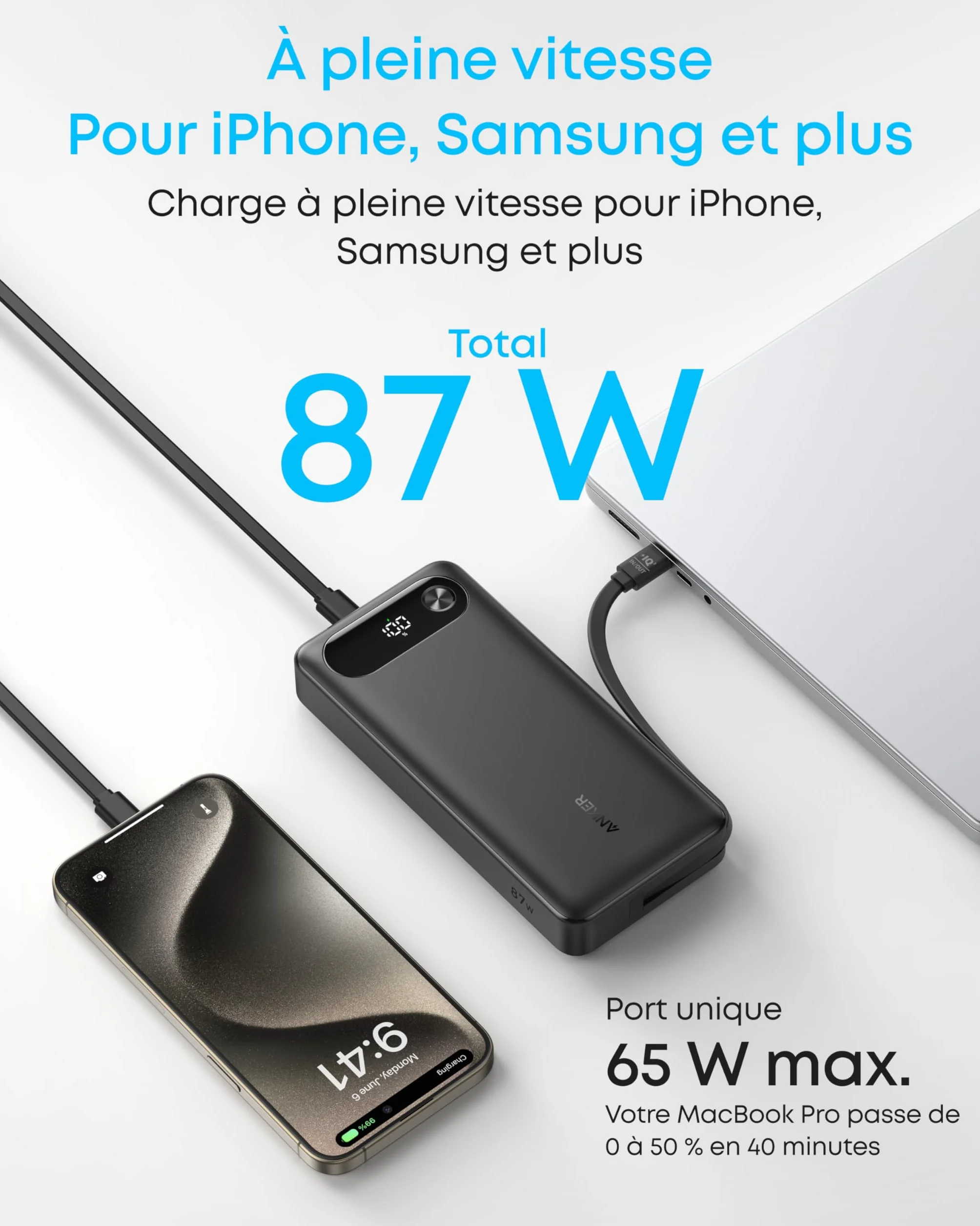 Anker Power Bank 20000 mAh 87W USB-C Intégré Charge Rapide Portable pour MacBook iPhone Samsung