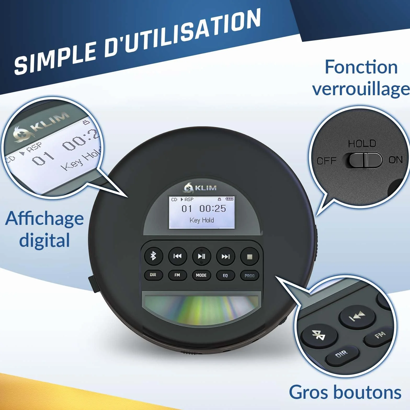 KLIM Nomad Lecteur CD Portable Bluetooth - Batterie Intégrée Longue Durée - Compatible CD-R, CD-RW, MP3 - Argent