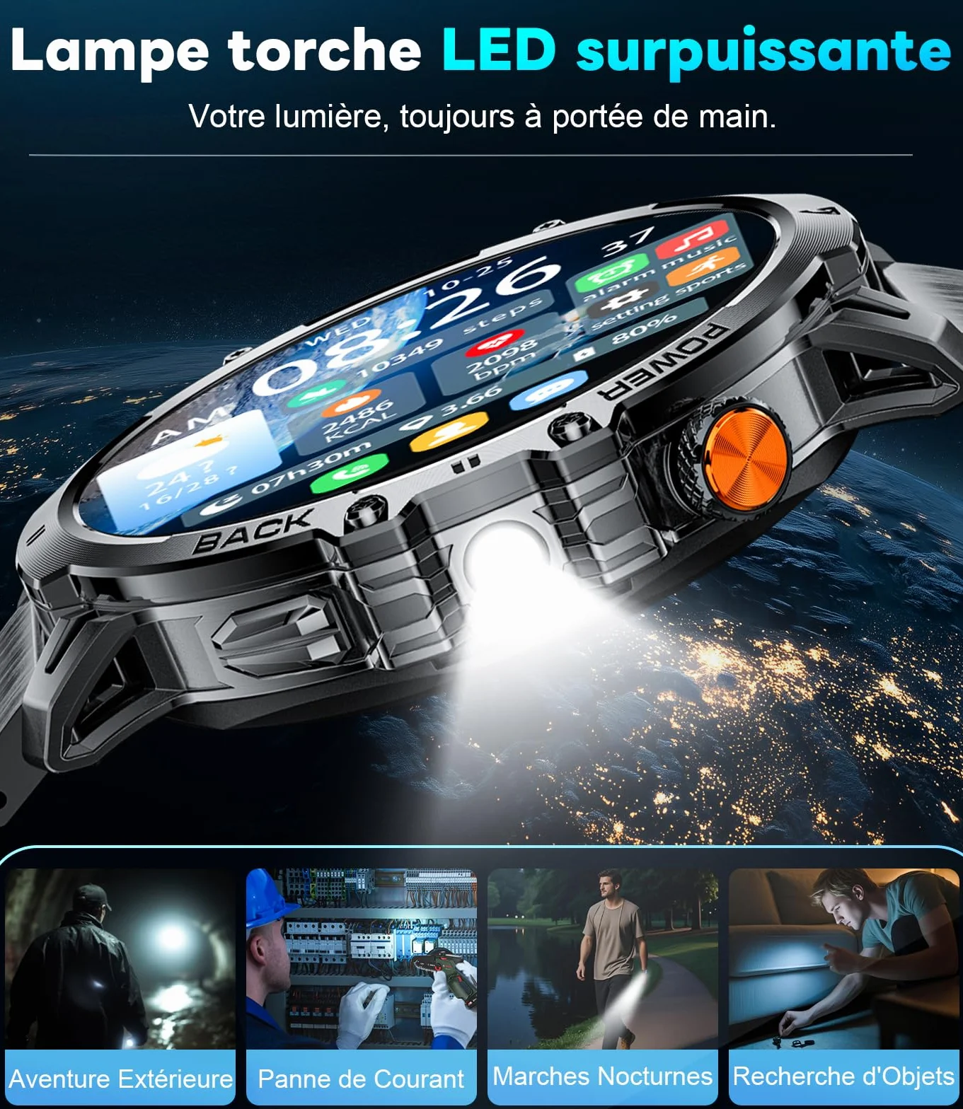 LIGE Montre Connectée Homme 1,85" HD Grand Écran LED Lampe Smartwatch Moniteur Fréquence Cardiaque Sommeil 110+ Modes Sportifs IP68 Étanche Noir