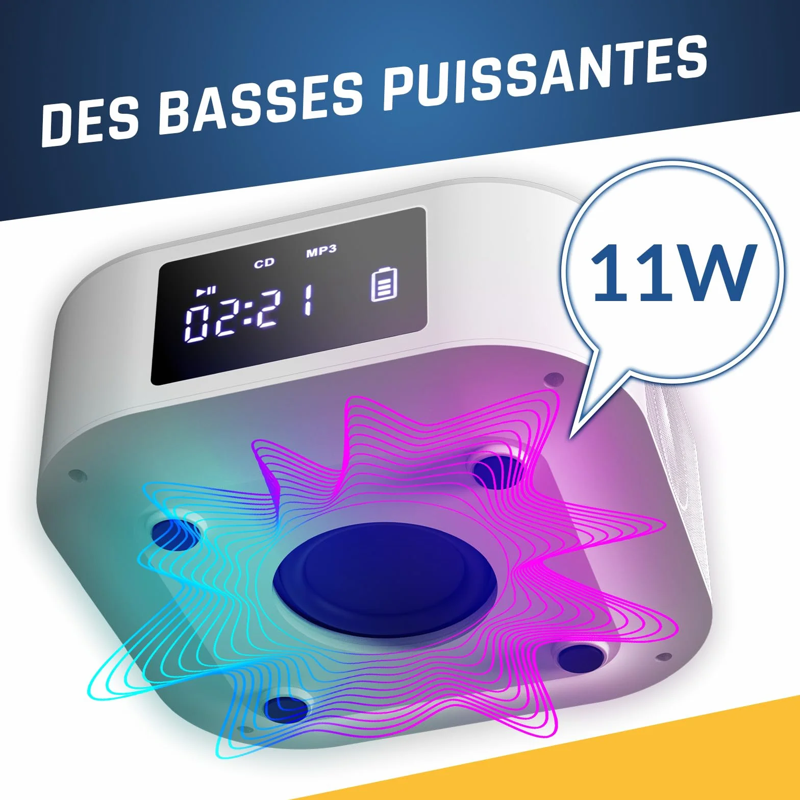 KLIM Boombox E1 Radio CD Portable Extra Bass Subwoofer FM Bluetooth USB MP3 Filaire sans Fil Piles Rechargeables Télécommande Blanc