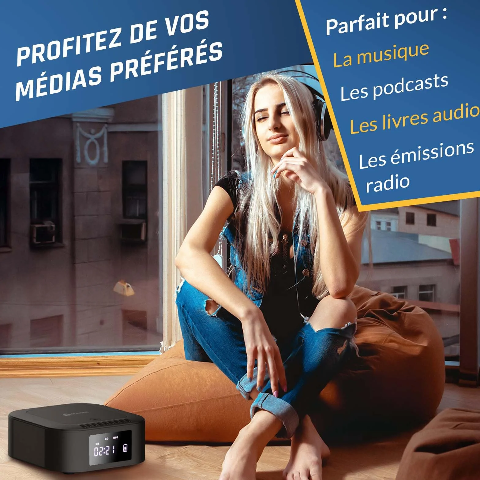 KLIM Boombox E1 Radio CD Portable Extra Bass Subwoofer FM Bluetooth USB MP3 avec Piles Rechargeables Télécommande