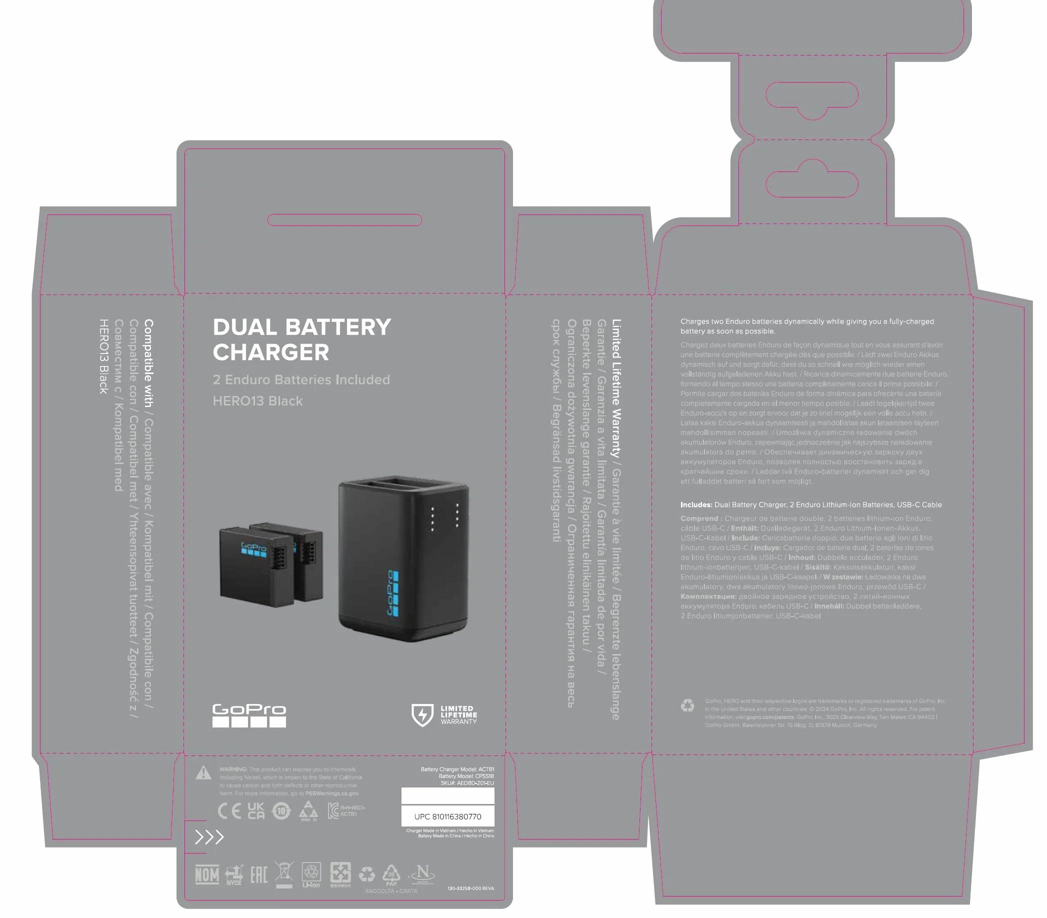 Chargeur de Batterie Double GoPro + 2 Batteries Rechargeables Enduro (HERO13 Black) - Accessoire Officiel GoPro