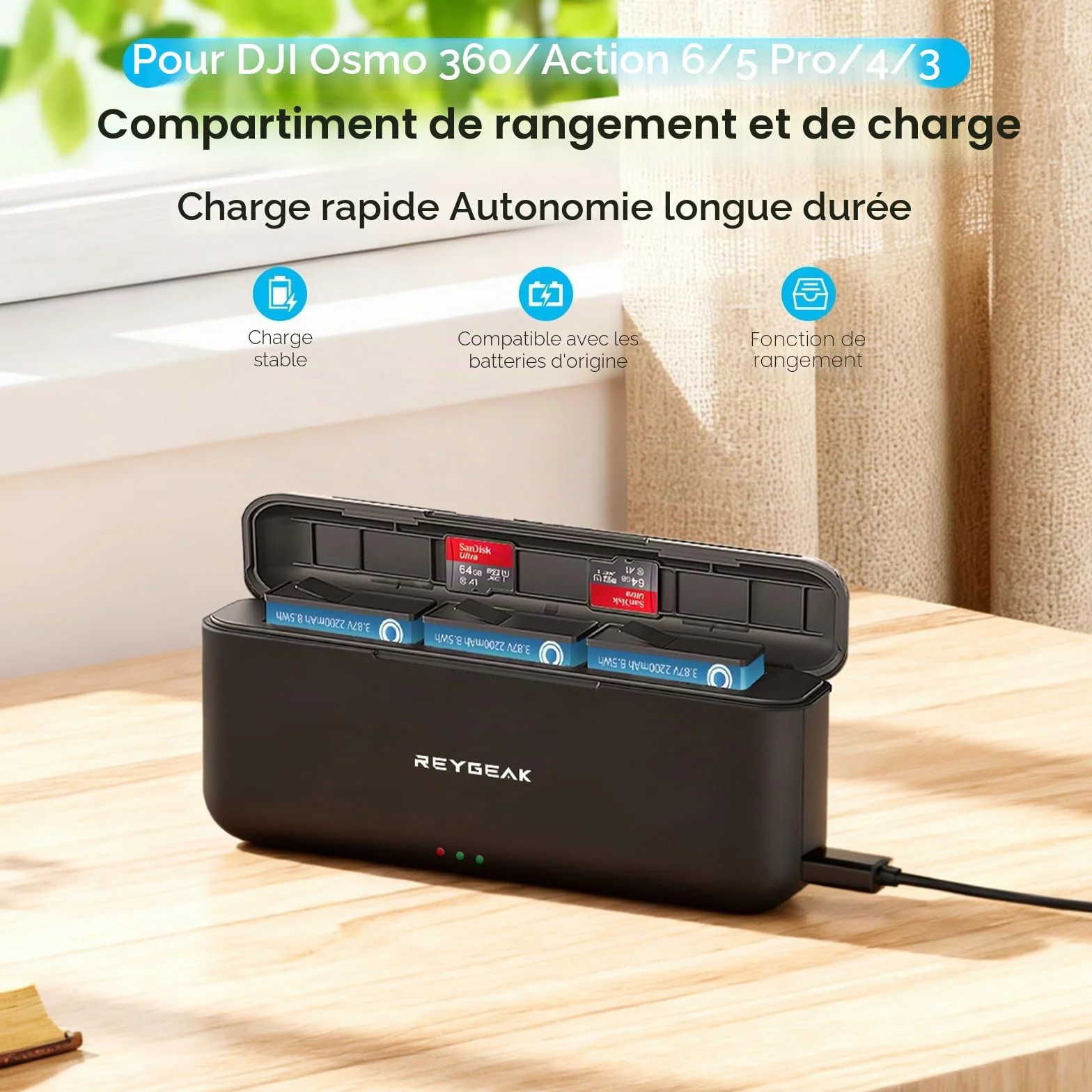 REYGEAK Batterie et Chargeur pour DJI Osmo Action 6/5/4/3, 2200mAh Chargeur Triple Accessoire