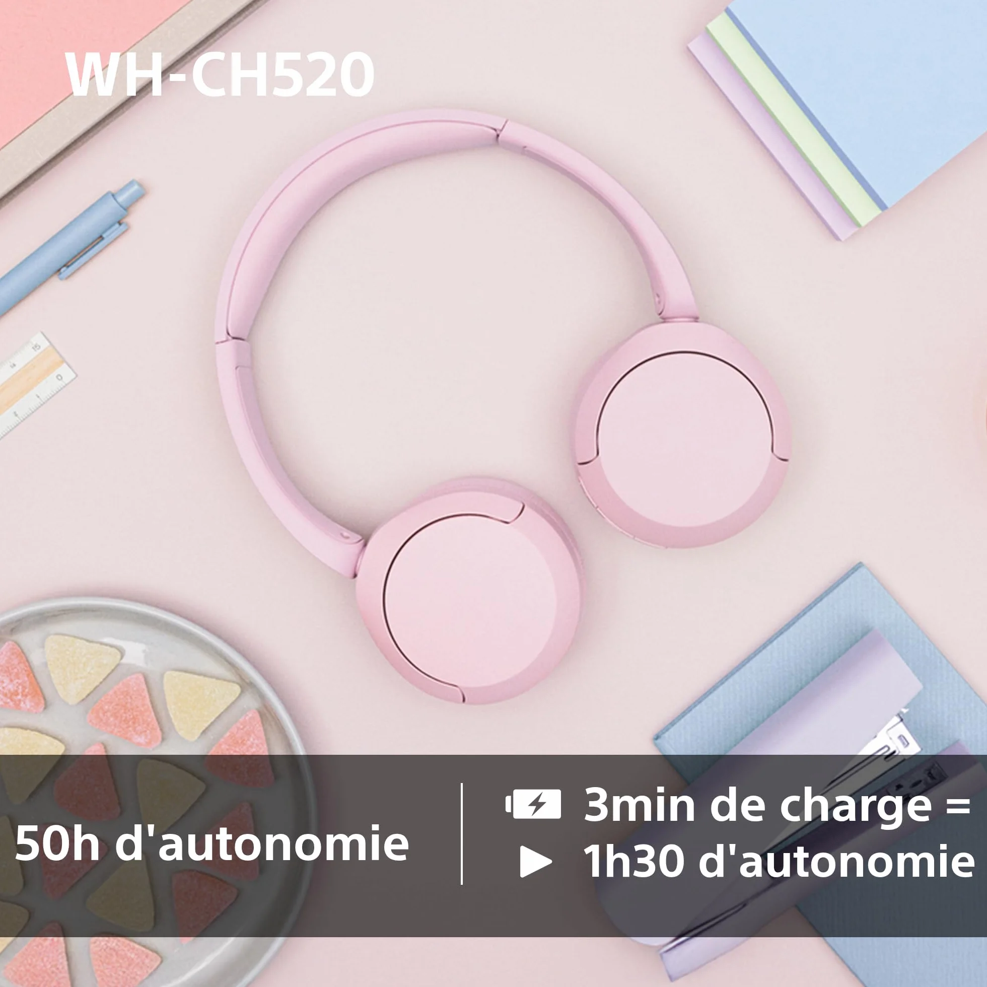Casque Bluetooth sans Fil Sony WH-CH520, Multipoint, Micro intégré, 50 Heures Autonomie, Charge Rapide, Noir