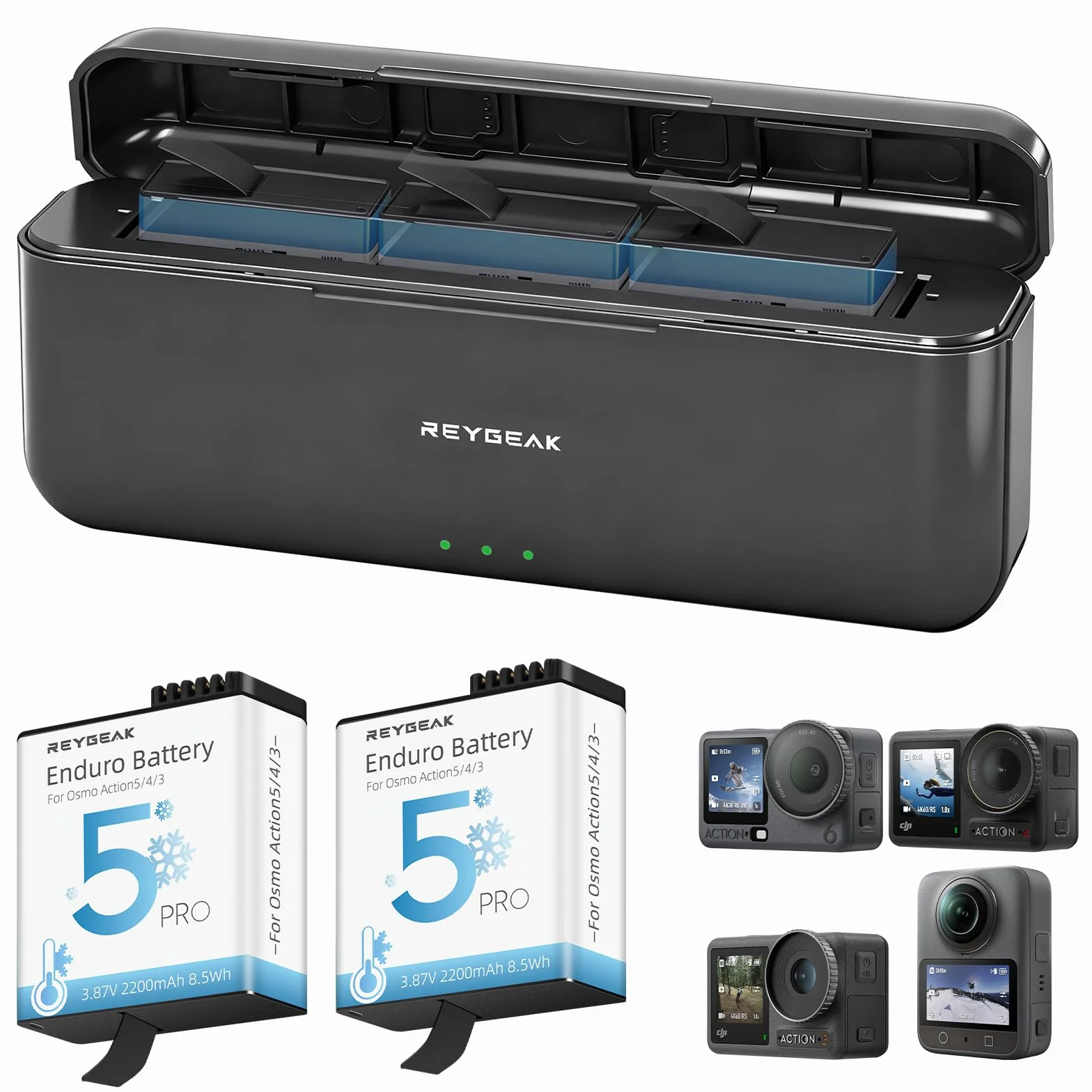 REYGEAK Batterie et Chargeur pour DJI Osmo Action 6/5/4/3, 2200mAh Chargeur Triple Accessoire