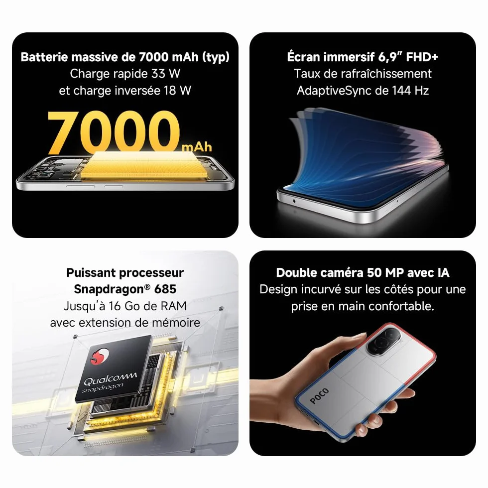 XIAOMI POCO M7 Smartphone 8+256 Go 6,9 Pouces FHD+ 144 Hz Snapdragon 685 Double caméra AI 50 MP 7000 mAh Argent