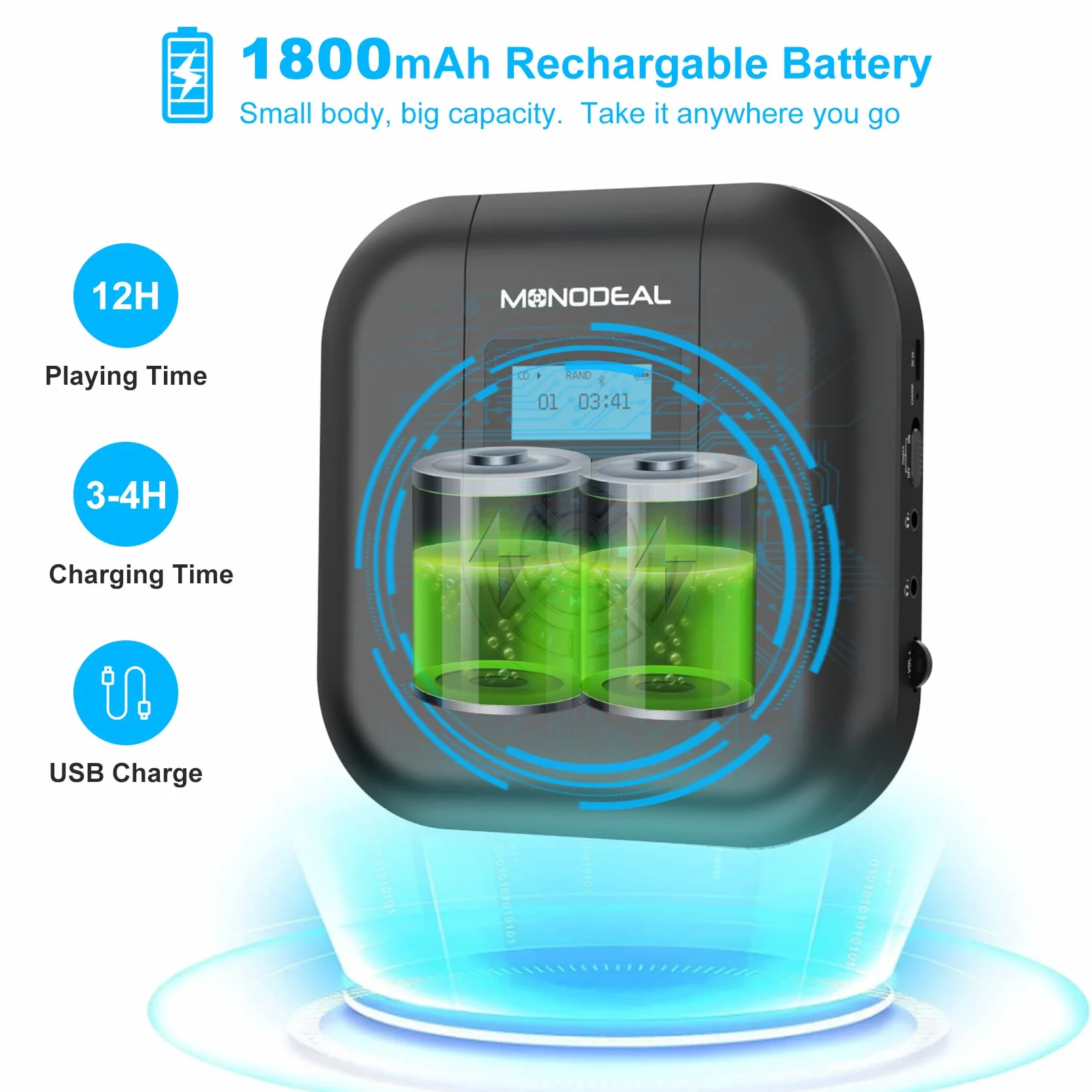 MONODEAL lecteur portable Bluetooth rechargeable avec haut-parleur et émetteur FM CD voiture