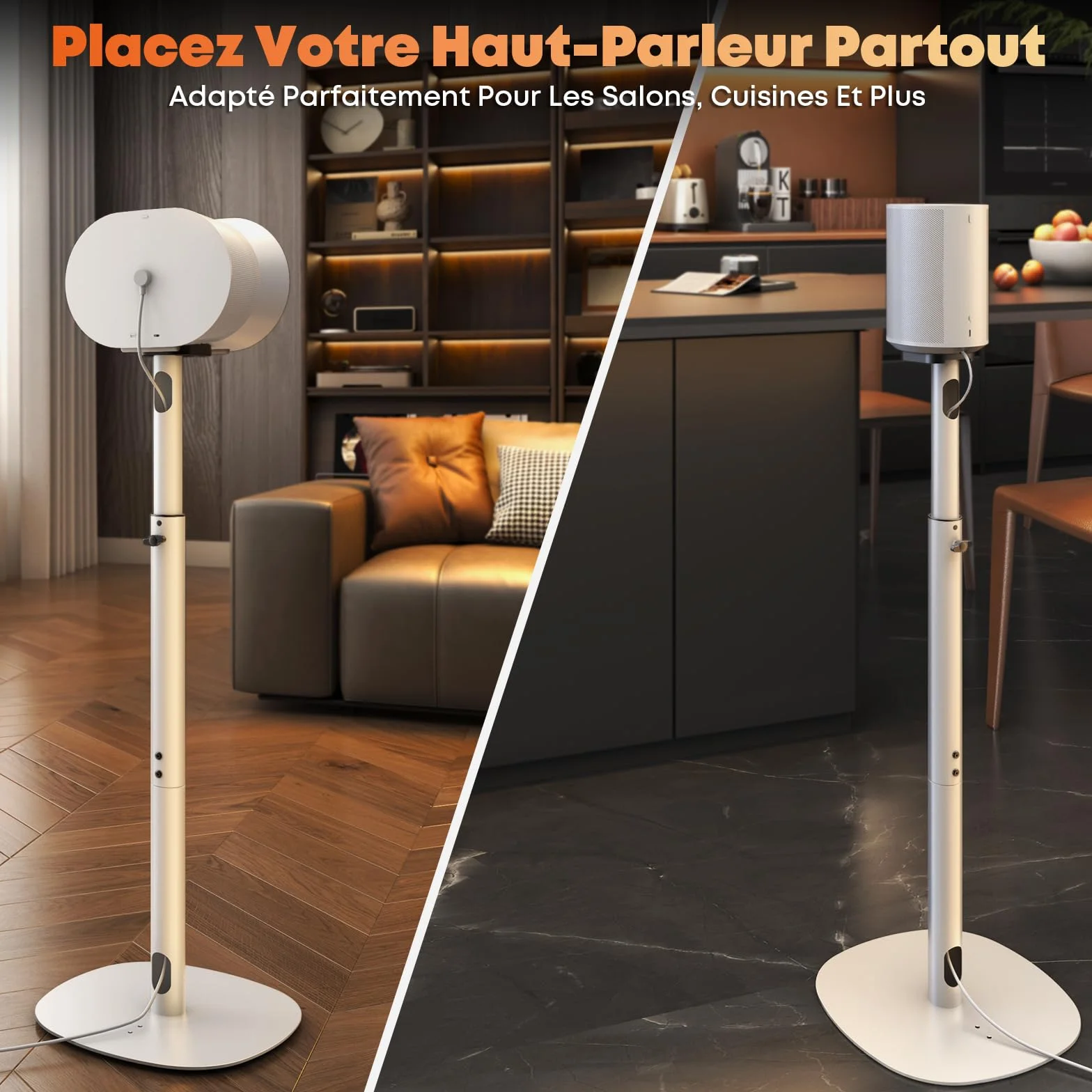 Supports pour Haut-parleurs Sonos Era 100 SL, Era 100 et Era 300 - Hauteur réglable, Supports de Sol 74–99 cm, 5 kg, 1 Paire, Blanc