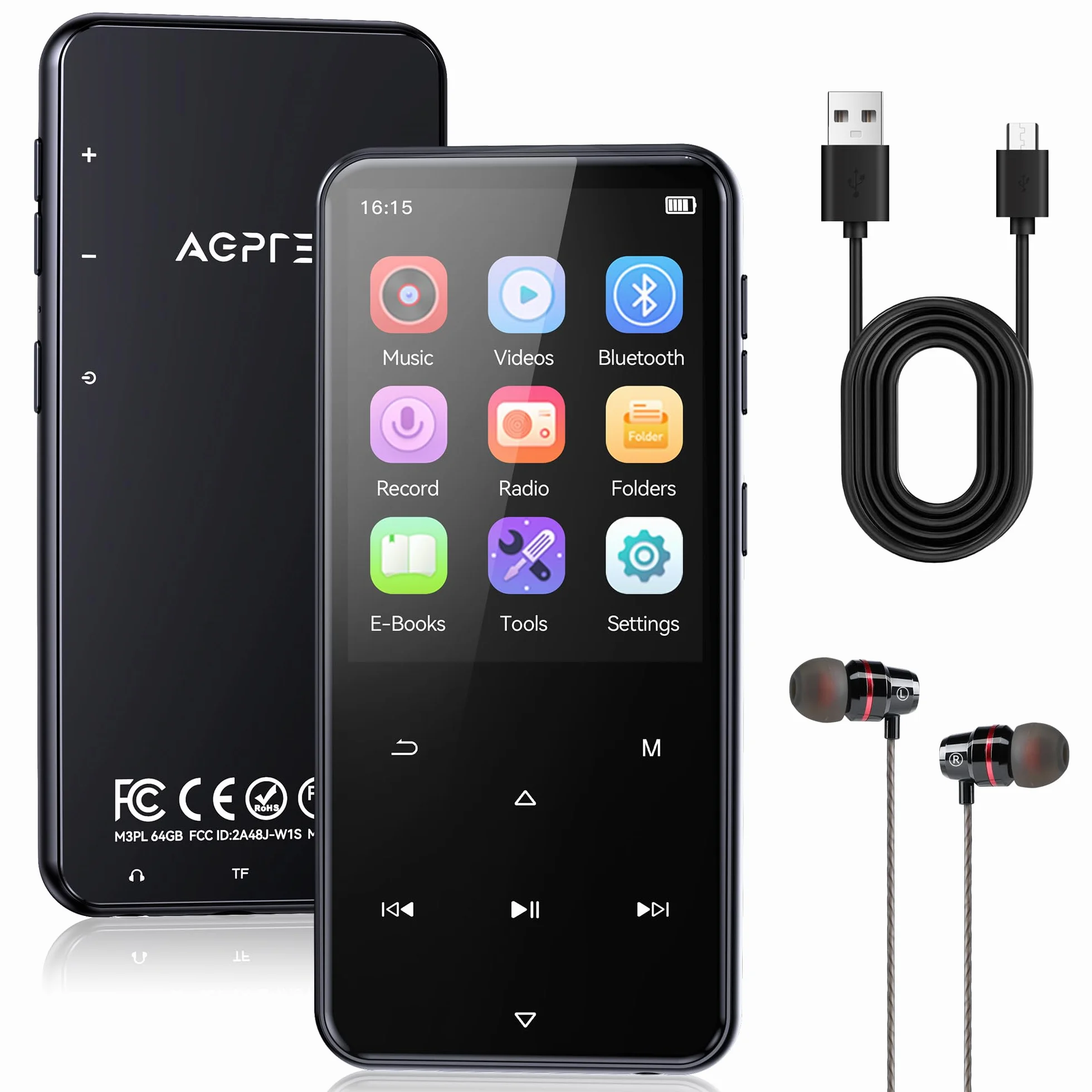 AGPTEK MP3 Bluetooth 64Go 2.4" Écran Métal Lecteur MP4 Baladeur Sport Radio FM Enregistreur Noir