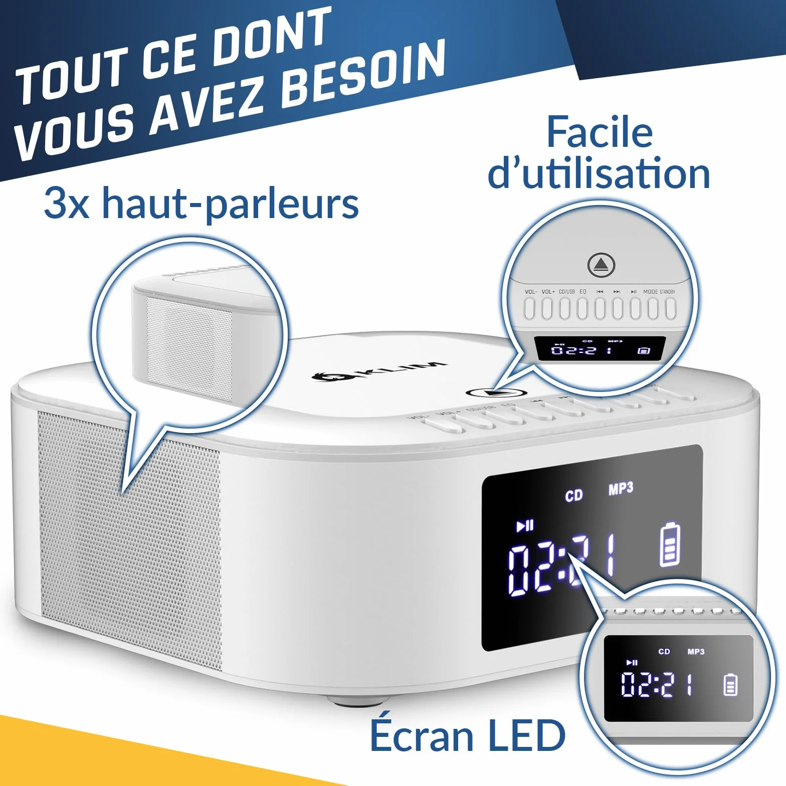 KLIM Boombox E1 Radio CD Portable Extra Bass Subwoofer FM Bluetooth USB MP3 Filaire sans Fil Piles Rechargeables Télécommande Blanc