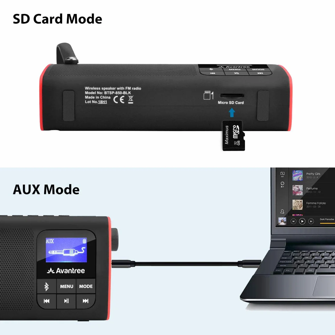 Avantree SP850 Radio FM Lecteur Audio Micro SD Enceinte Bluetooth 3-en-1
