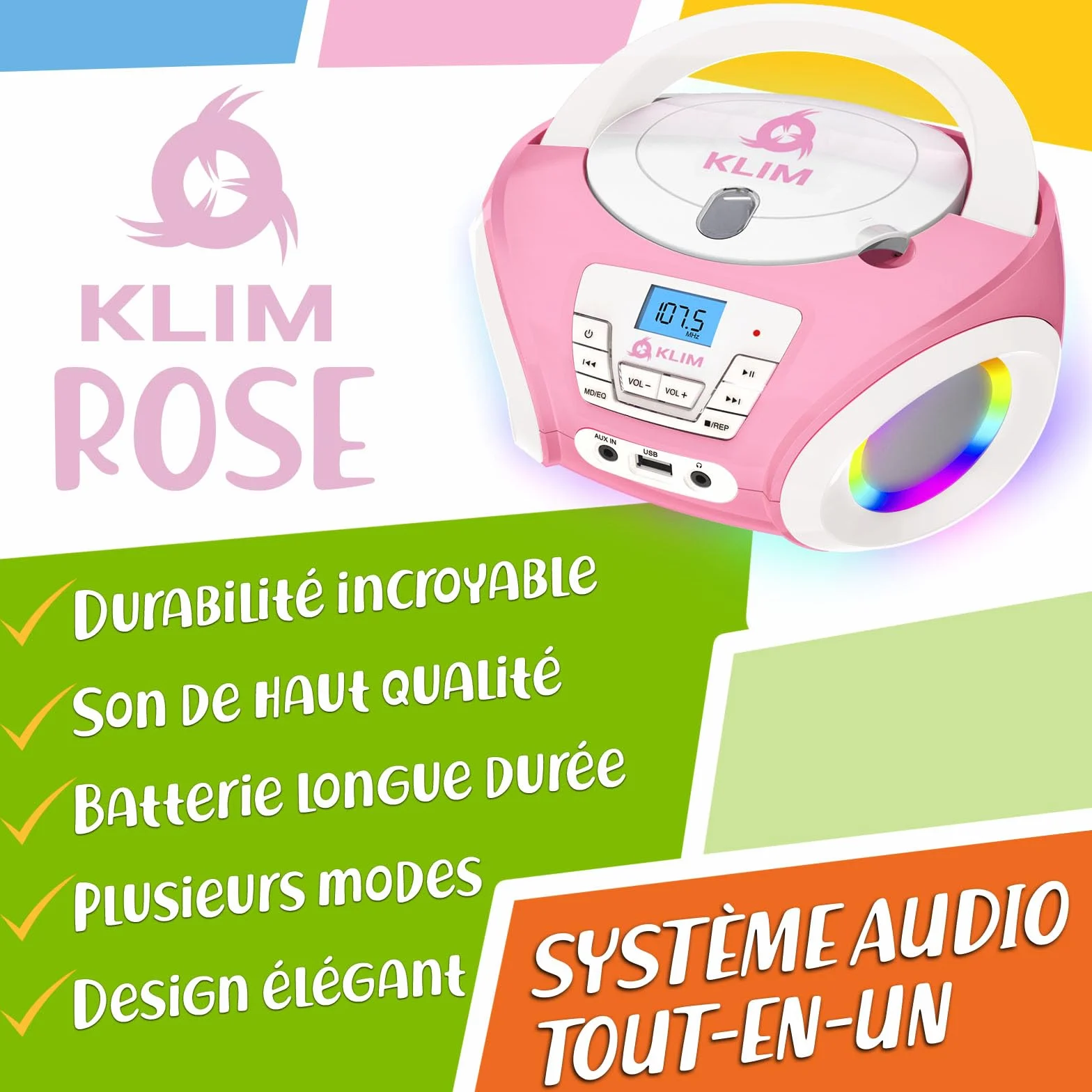 KLIM Candy Lecteur CD Enfant Radio FM Rose avec Haut-parleurs