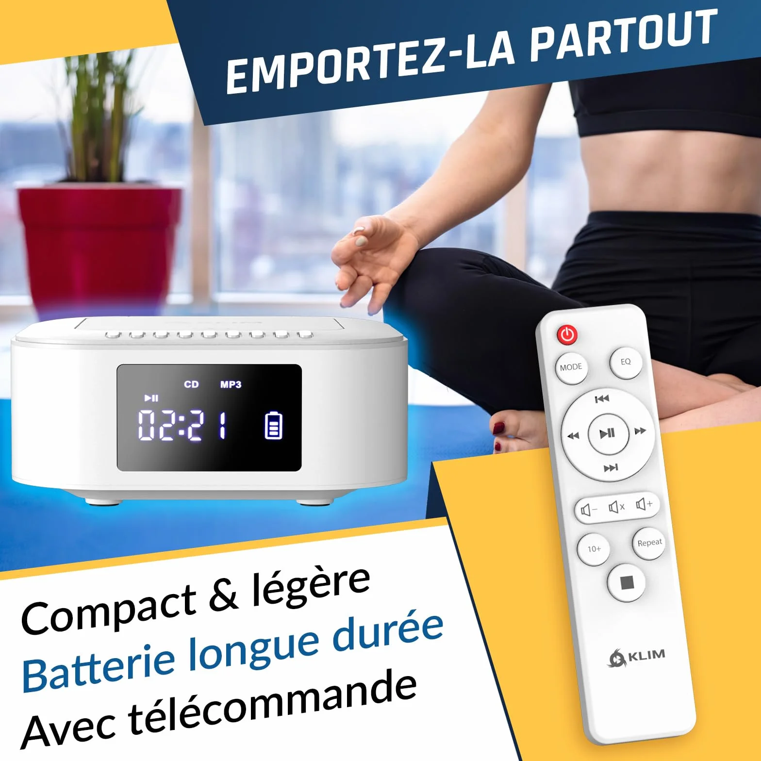 KLIM Boombox E1 Radio CD Portable Extra Bass Subwoofer FM Bluetooth USB MP3 Filaire sans Fil Piles Rechargeables Télécommande Blanc