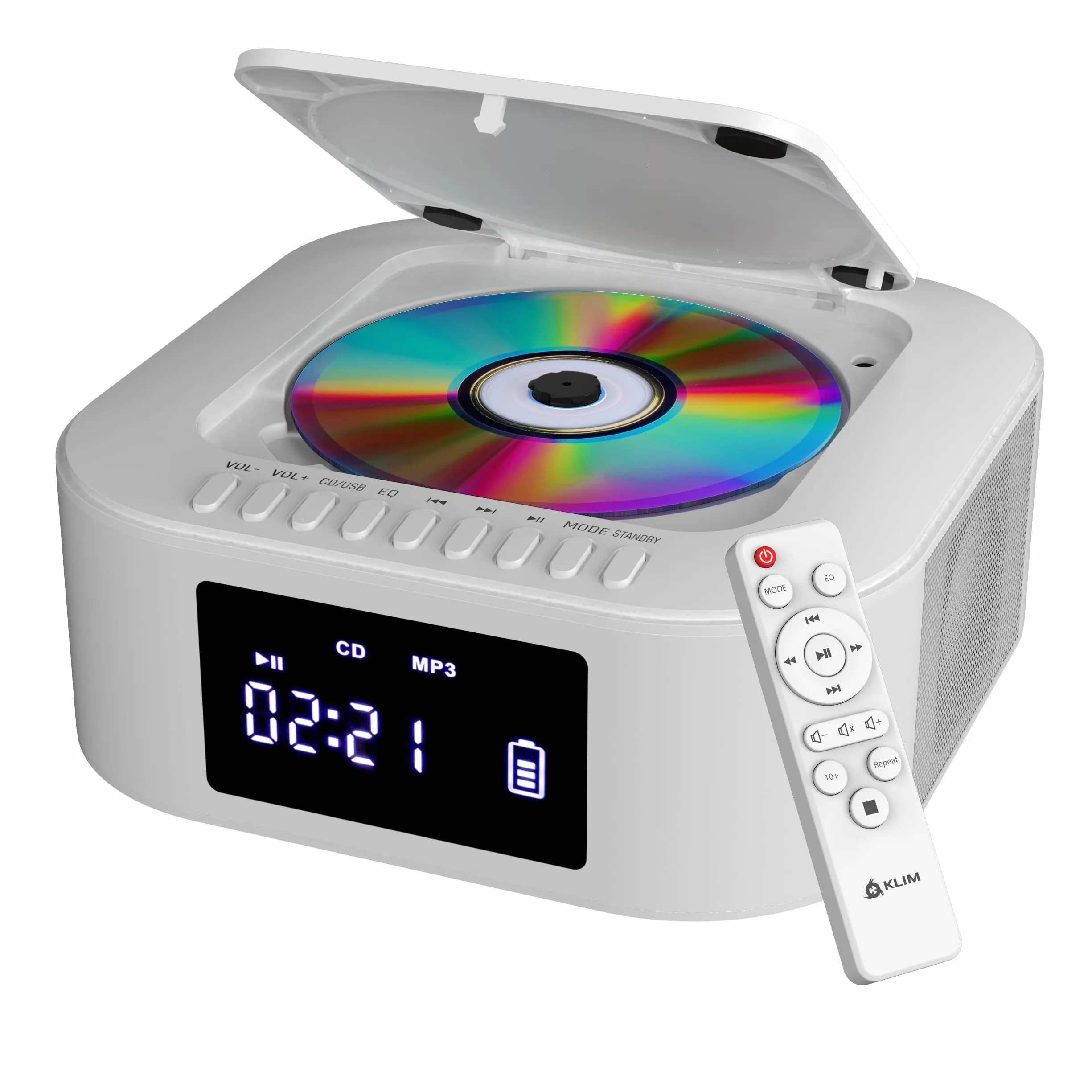 KLIM Boombox E1 Radio CD Portable Extra Bass Subwoofer FM Bluetooth USB MP3 Filaire sans Fil Piles Rechargeables Télécommande Blanc
