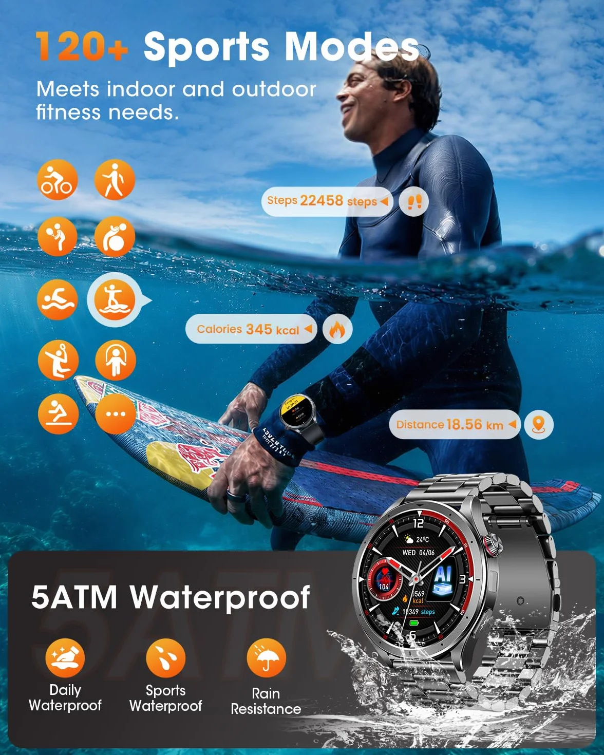 Montre Connectée Homme ECG+HRV Smartwatch Tension Artérielle Fréquence Cardiaque 5ATM Étanche Noir