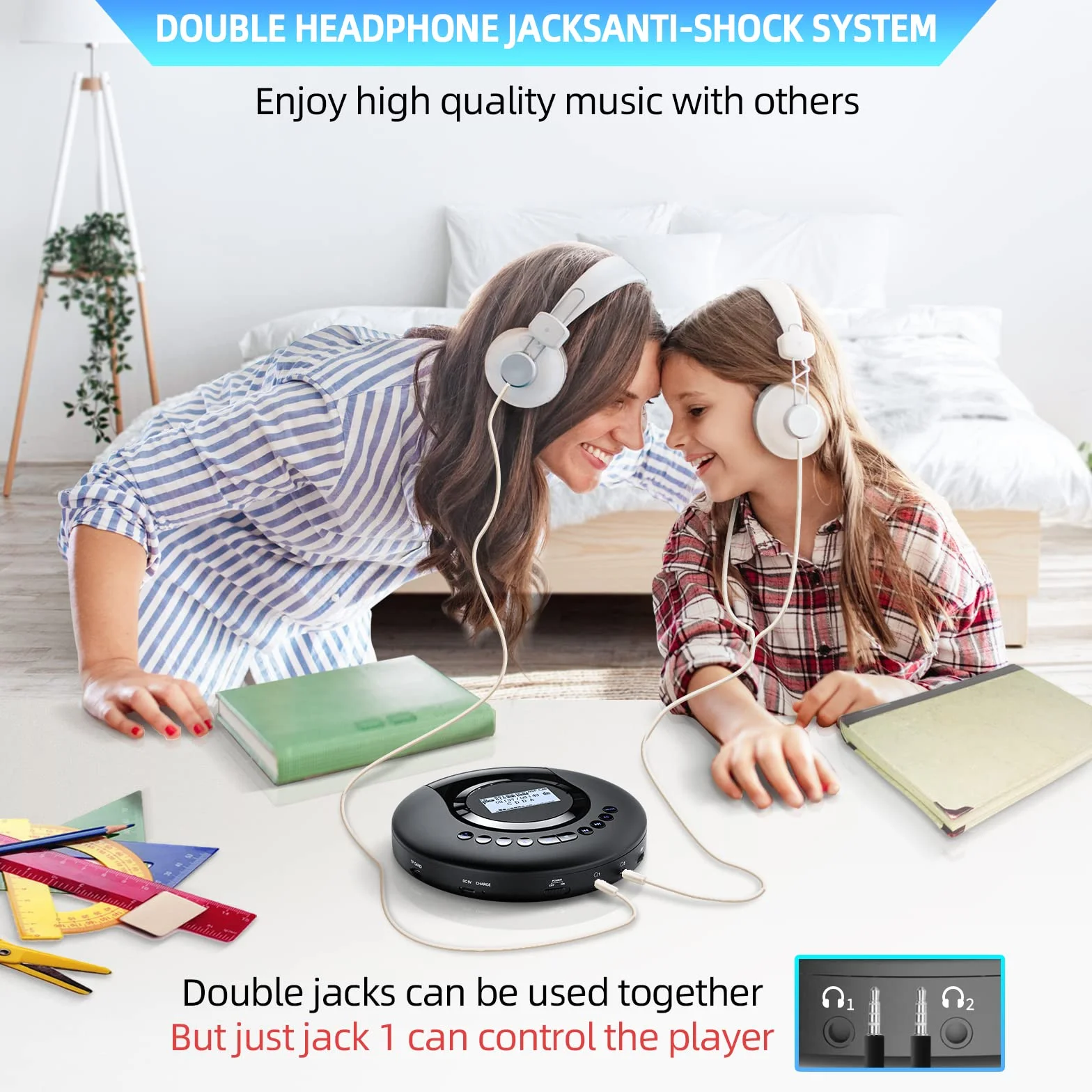 Lecteur CD Portable Bluetooth Rechargeable 2000 mAh avec écran LCD Protection Antichoc FM
