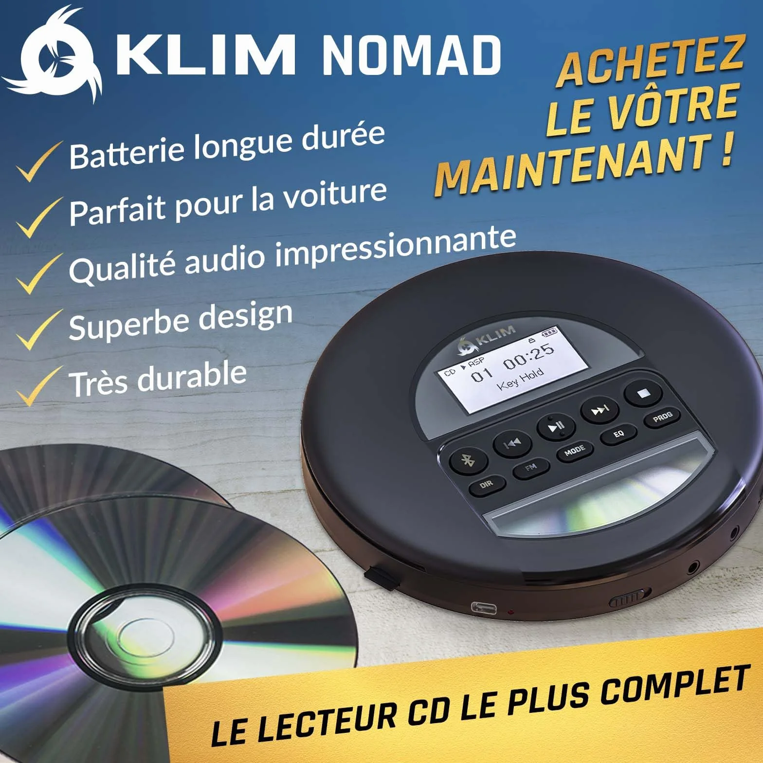 KLIM Nomad Lecteur CD Portable Bluetooth - Batterie Intégrée Longue Durée - Compatible CD-R, CD-RW, MP3 - Argent