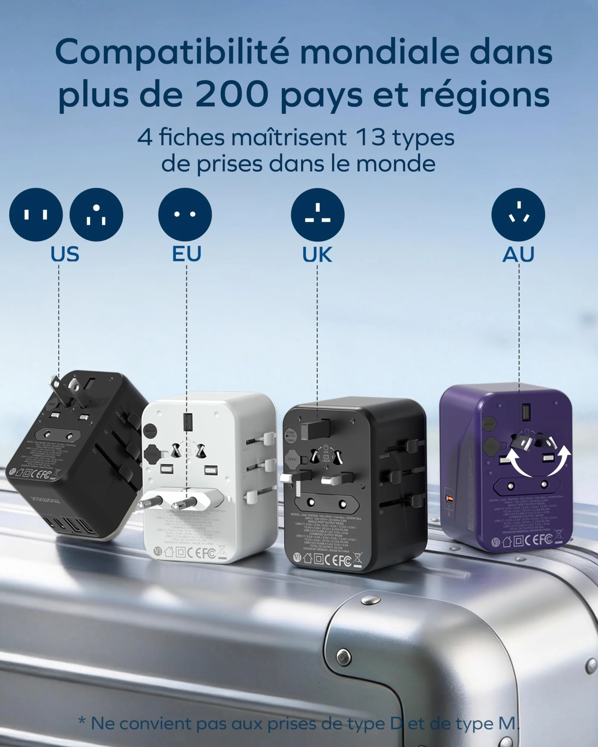MOMAX Adaptateur Prise Universelle GaN 70 W 3 USB C 2 USB A Voyage France UK Irlande USA Canada Australie Chine Japon Thaïlande