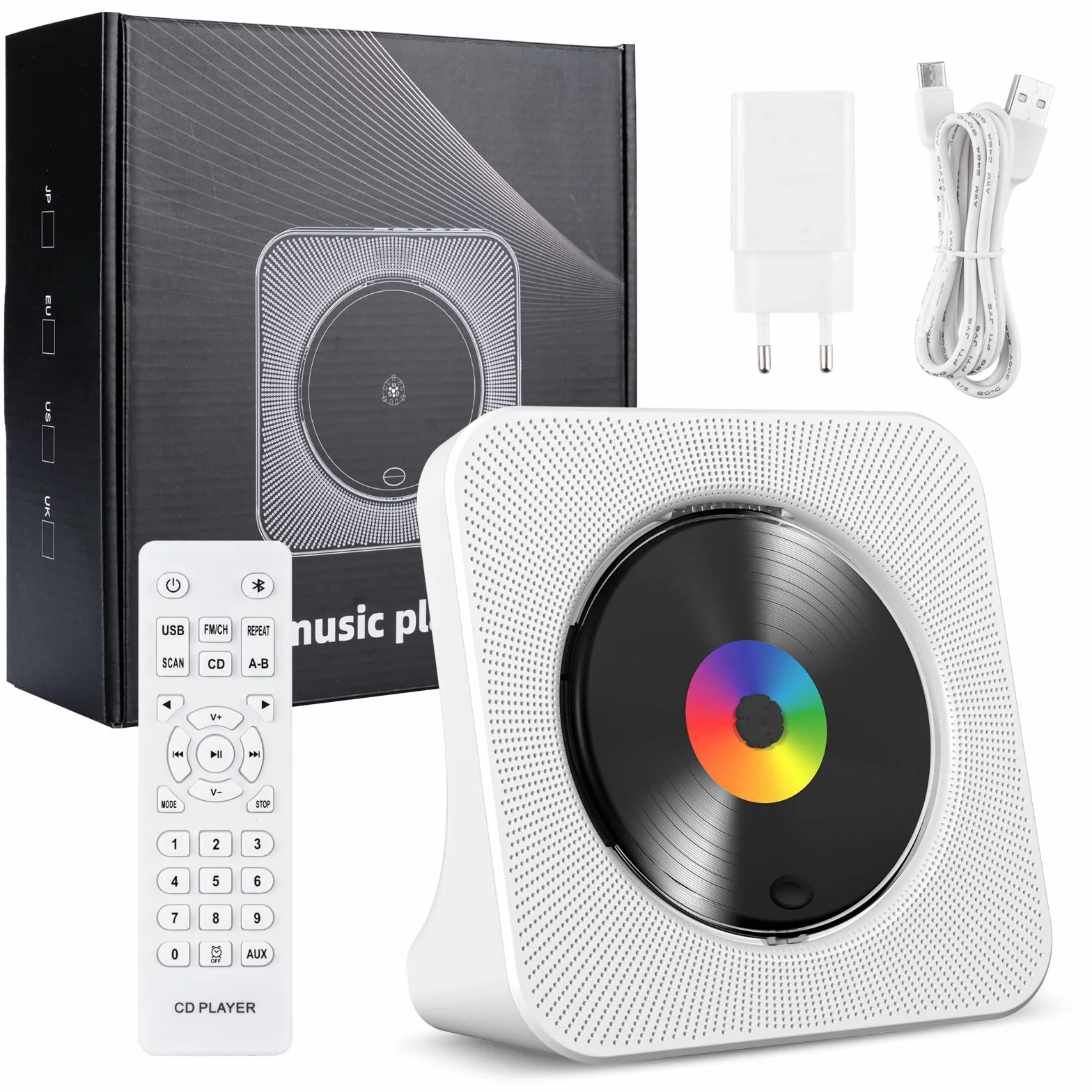 Lecteur CD de Bureau avec Bluetooth Gueray Haut-parleurs HiFi Intégrés Écran LED Radio FM USB Type-c MP3 Blanc