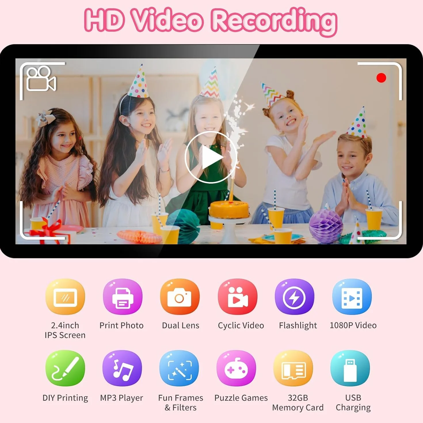 ASTGMI Appareil Photo Instantané Enfant 2.4" Écran avec Papier d'impression et Carte 32GB, Mode Selfie et Video, Cadeau Jouet pour Garçons Filles 3-14 Ans Rose