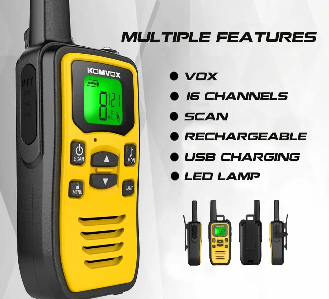 Talkie Walkie Professionnel Longue Portée 16 Canaux Rechargeable USB VOX LED