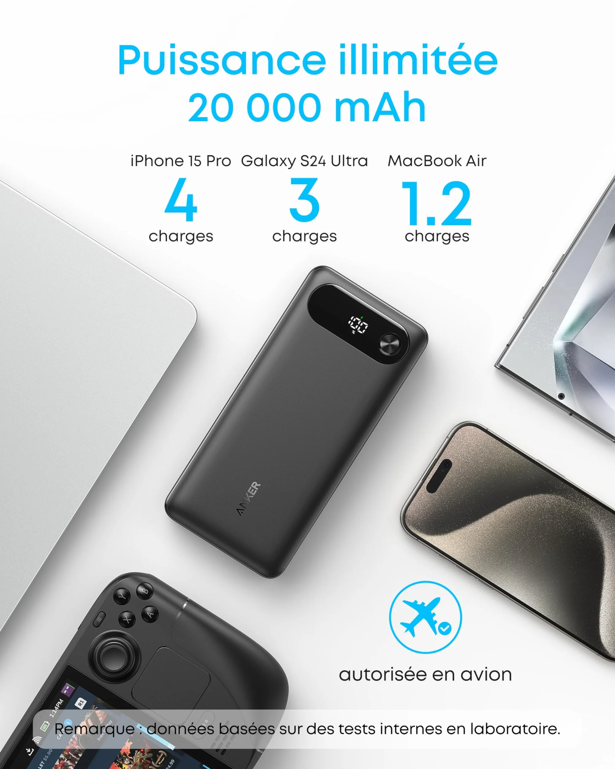 Anker Power Bank 20000 mAh 87W USB-C Intégré Charge Rapide Portable pour MacBook iPhone Samsung