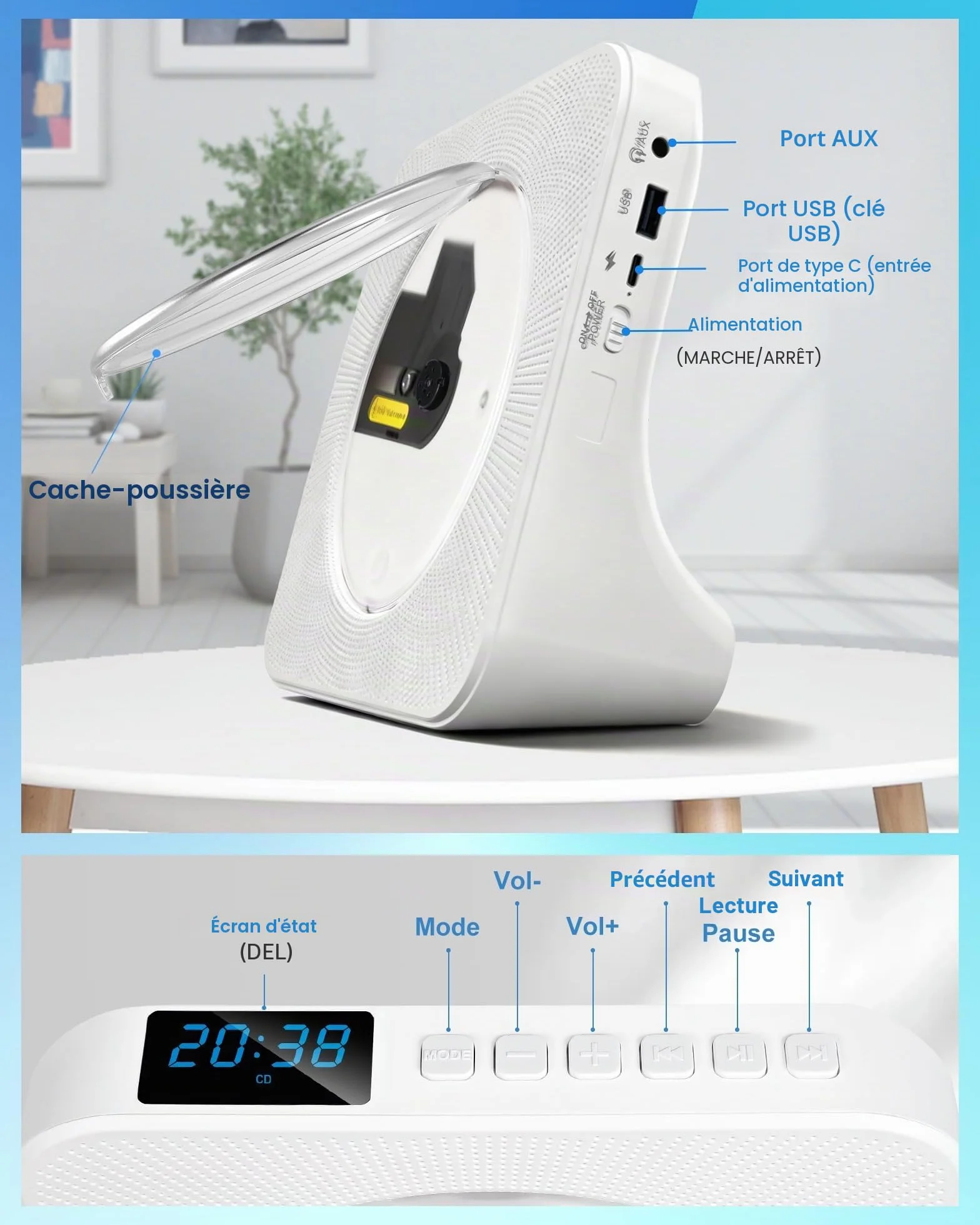 Lecteur CD Portable Rechargeable Bluetooth HiFi avec USB AUX FM Radio Blanc