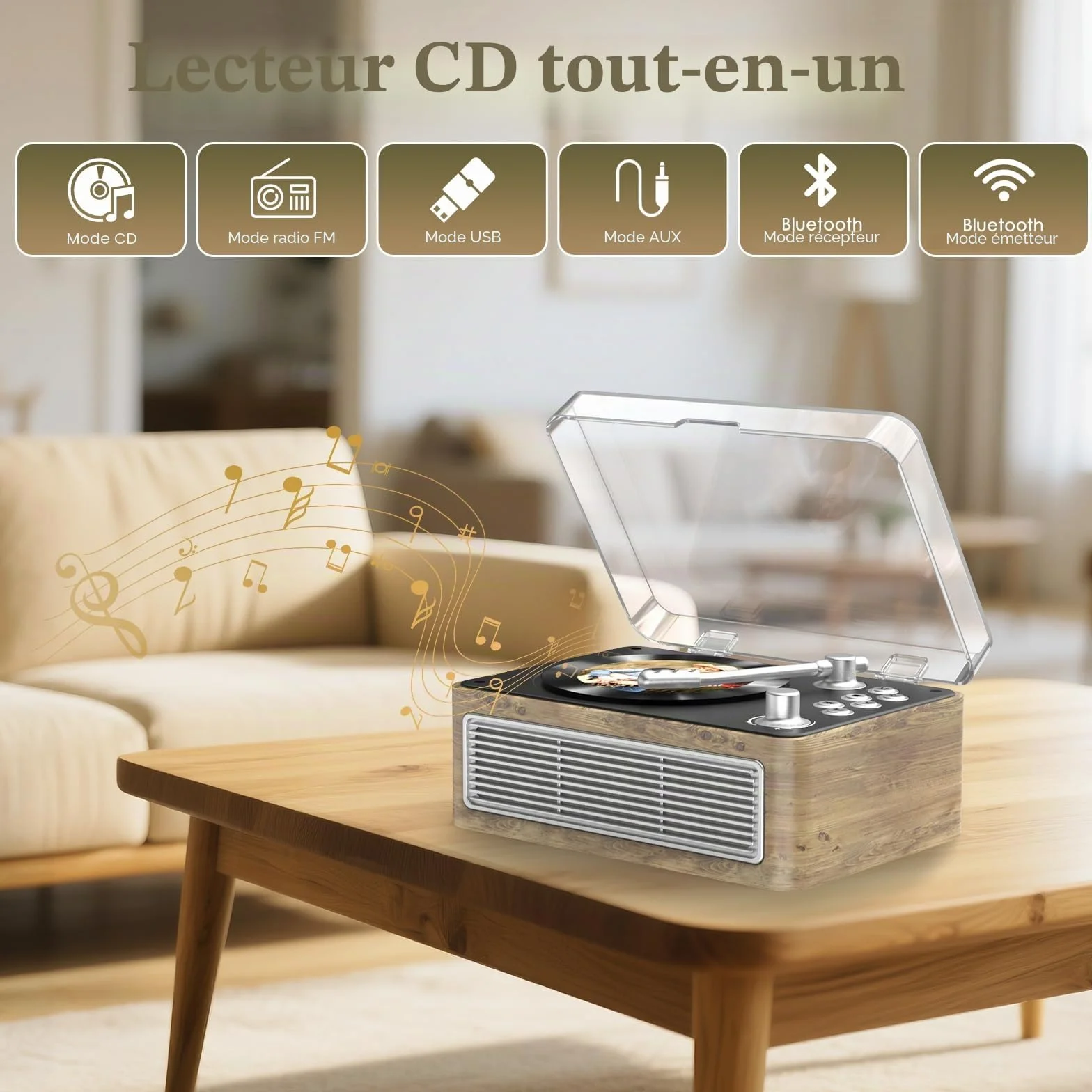Lecteur CD Bluetooth Portable 3600mAh Rechargeable Vintage Bois de Chêne Radio FM avec Télécommande Prise USB AUX